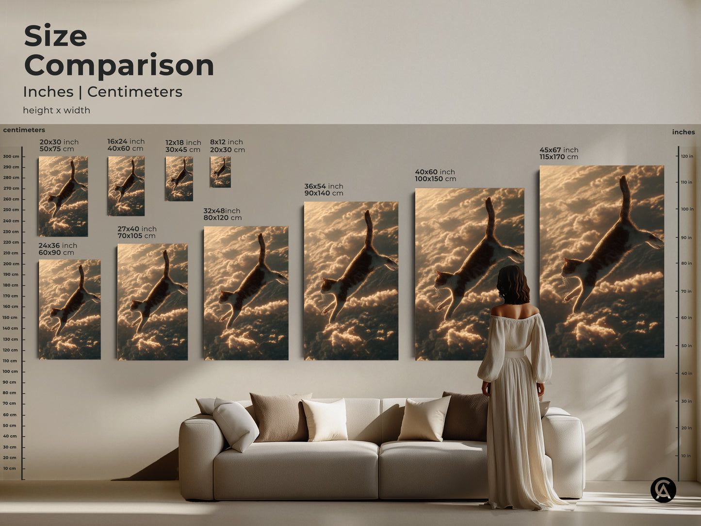 Compare surreal cat art sizes. Note how a feline leaps through clouds in this artwork. Dreamy decor enhances any eclectic space. Find your perfect size today.