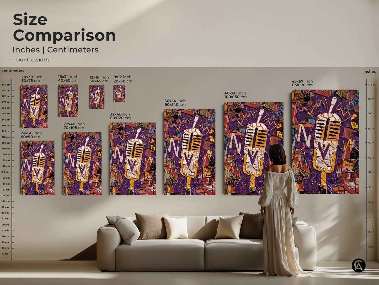Size comparison of abstract music collage wall art. See the canvas in various sizes in inches and centimeters. The retro microphone print with a purple and yellow sound wave looks great in any space. Visualize the artwork from 20x30 cm to 115x170 cm dimensions.