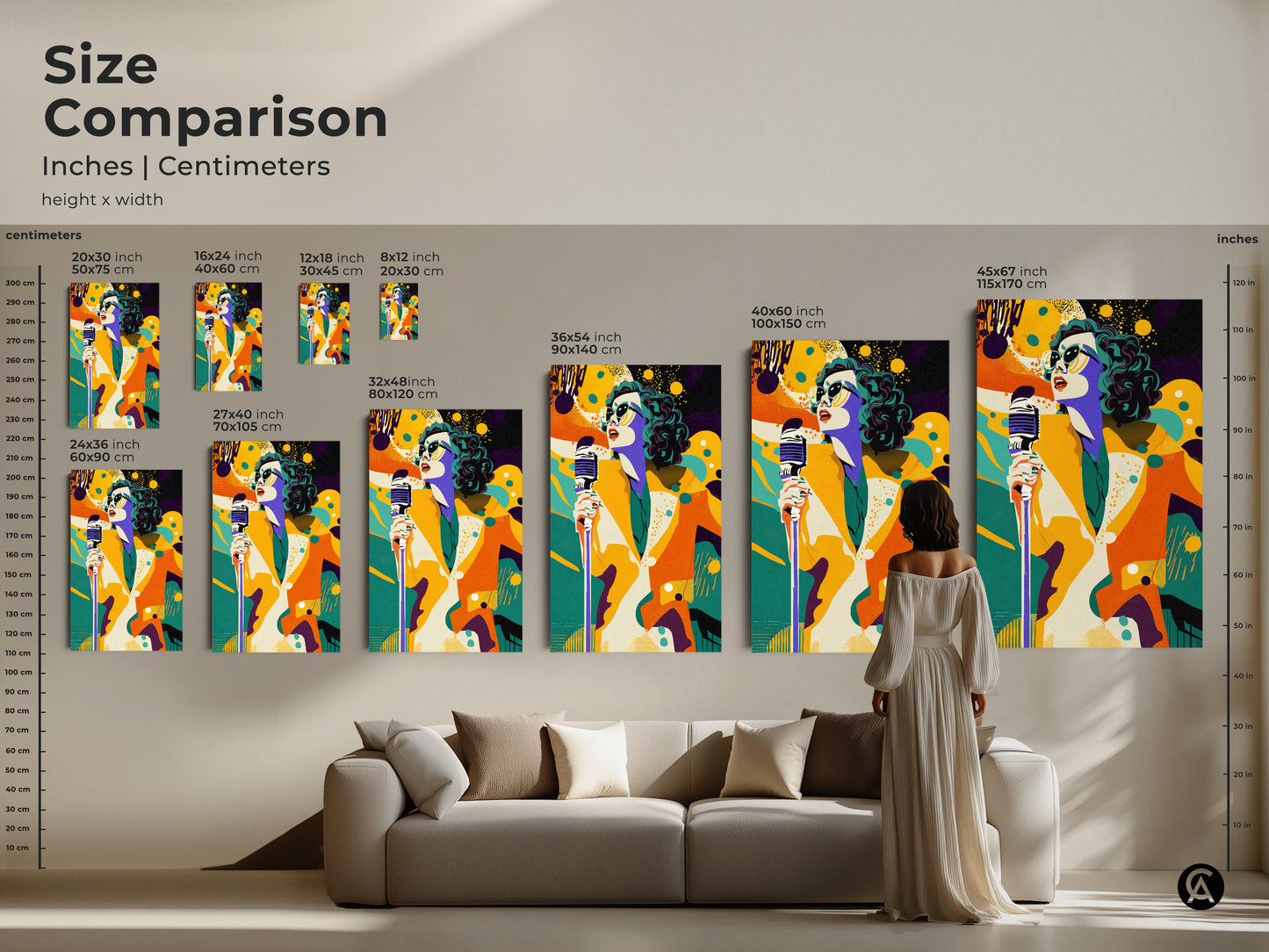 Size comparison of retro pop art singer prints in a living room. The artwork sizes range from small to extra large. The colorful singer with a vintage microphone adds a vibrant touch.