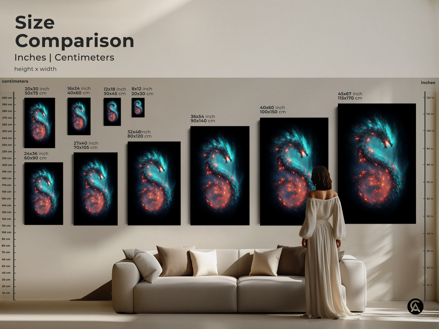 Size comparison of galaxy dragon canvas art. See how the cosmic nebula print fits above a sofa in various dimensions. Options range from 16x24 to 45x67 inches. The teal and orange fantasy art makes a statement in any room. Perfect for eclectic sci-fi decor.