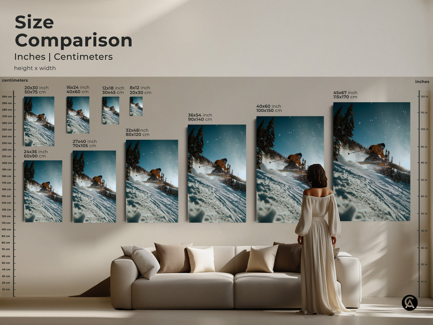 Compare sizes of our ski art prints. See how each artwork fits in a room setting. From small accents to large statement pieces. Each artwork features a skier skiing down a mountain. Find the ideal fit for your space. Order today