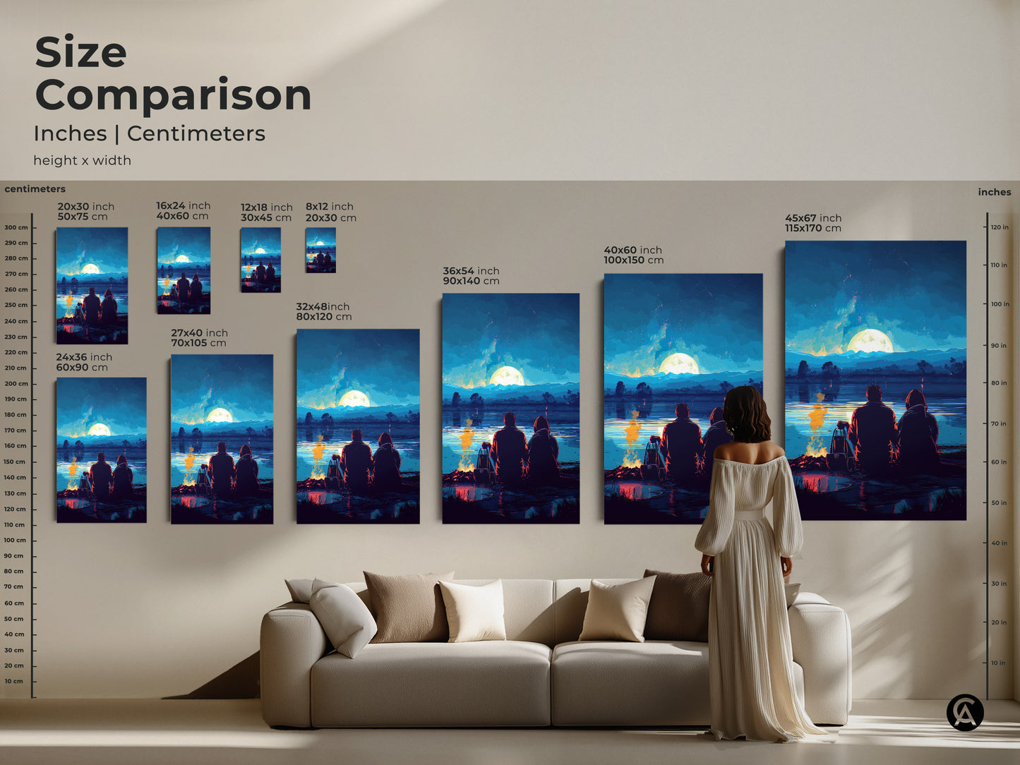 Size comparison showcasing inches and centimeters. Various sizes of couple camping full moon artwork are displayed. See how the canvas art fits above a sofa. Find the ideal scale for your space.