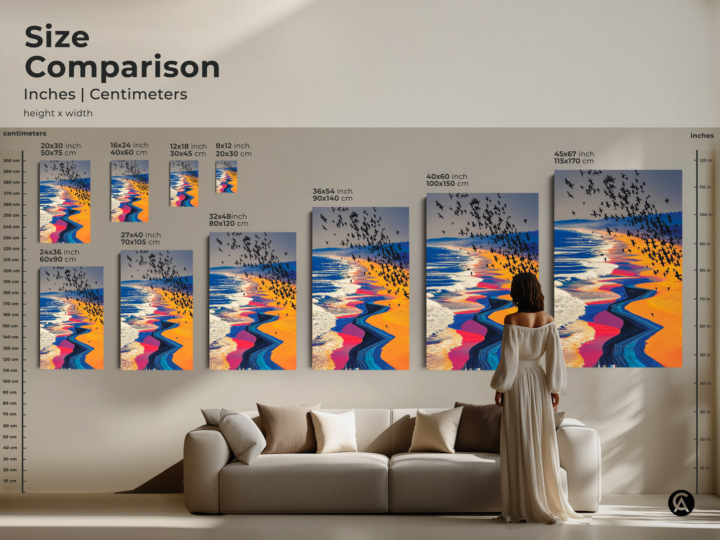 A size comparison showcases surreal beach canvas art featuring a flock of birds over abstract ocean waves. See different sizes in inches and centimeters. The artwork vibrant colors and dynamic composition make it a unique statement piece.
