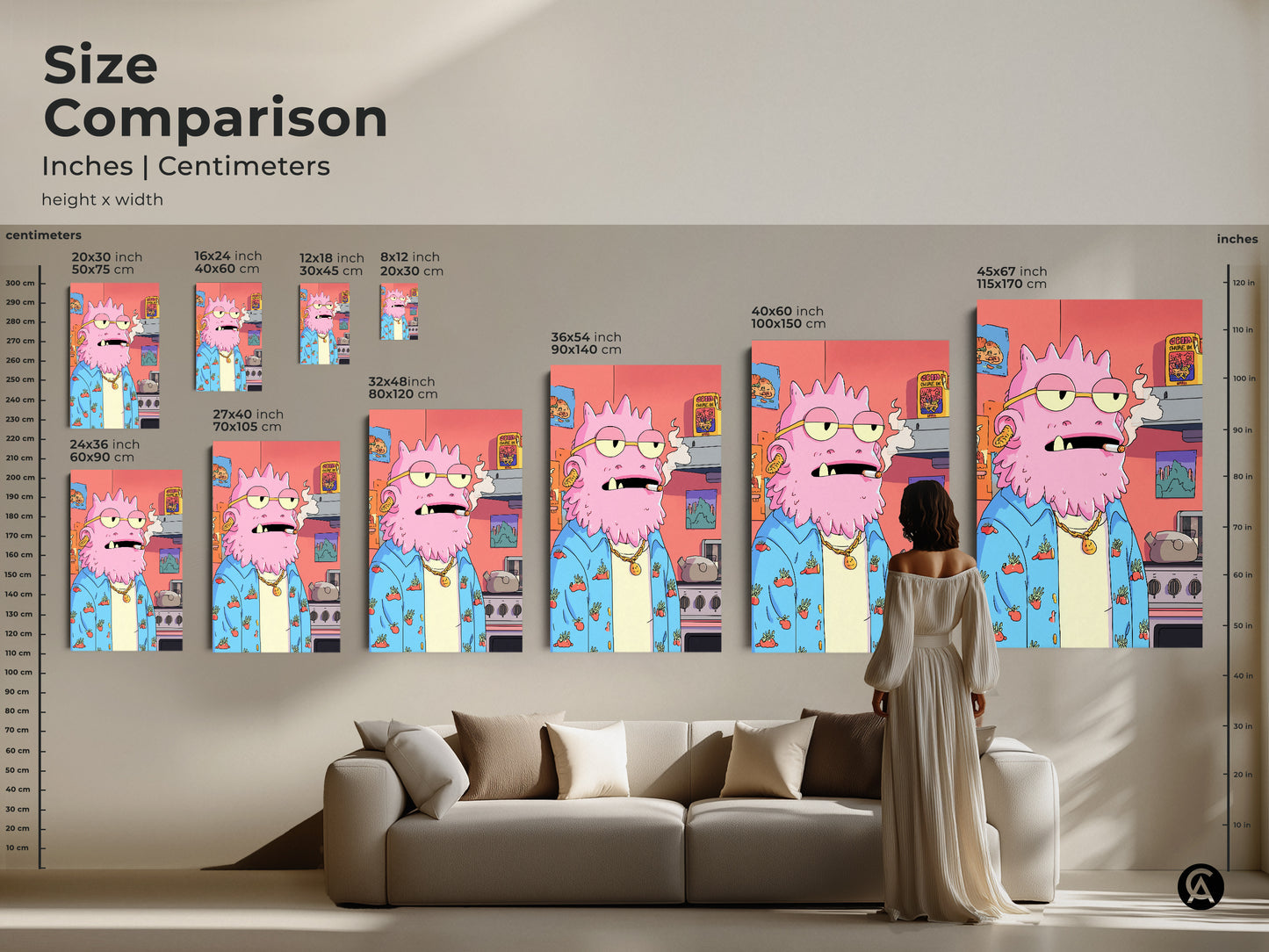Size comparison of the quirky pink monster artwork in inches and centimeters. See how different sizes fit in your living space. This surreal character art is a perfect addition to eclectic home decor and makes a unique gift for art lovers.