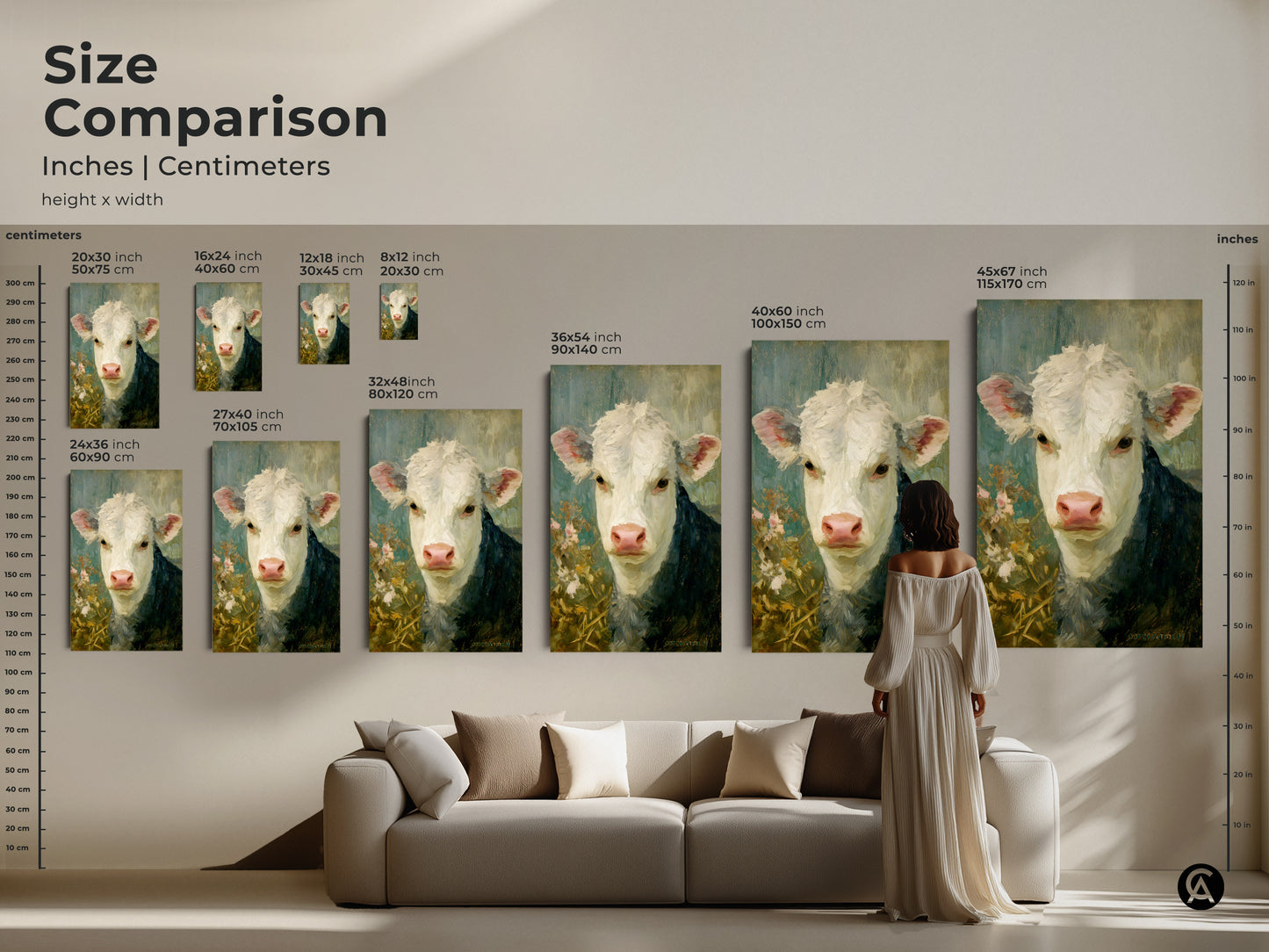 Size comparison of the hereford calf painting in inches and centimeters. See how the fine art print fits above a sofa and choose the perfect size for your space. Available as canvas or poster prints.