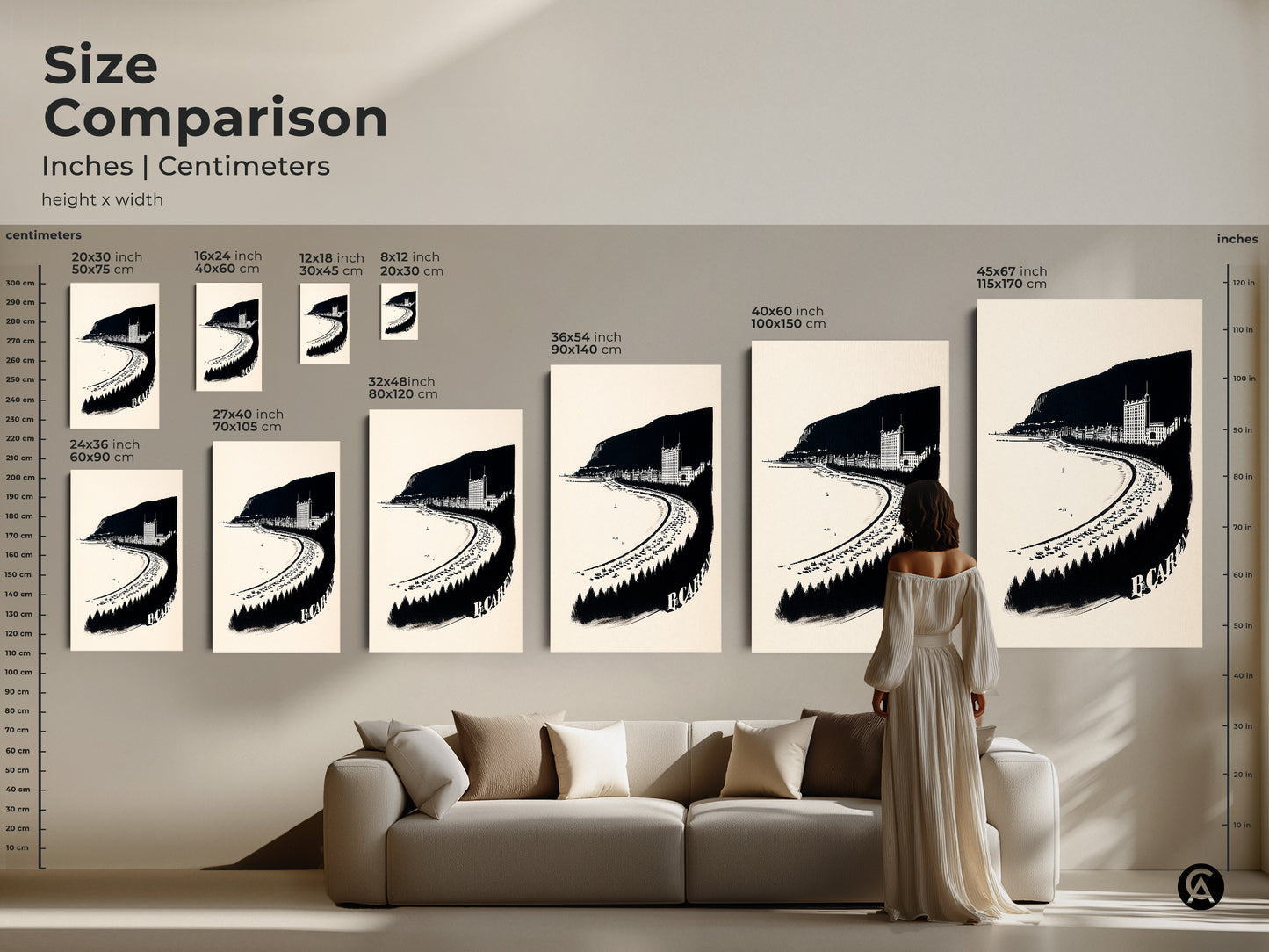Size comparison of vintage coastal town artwork in inches and centimeters. Black and white graphic art for neutral decor. Travel enthusiast gift canvas wall art.
