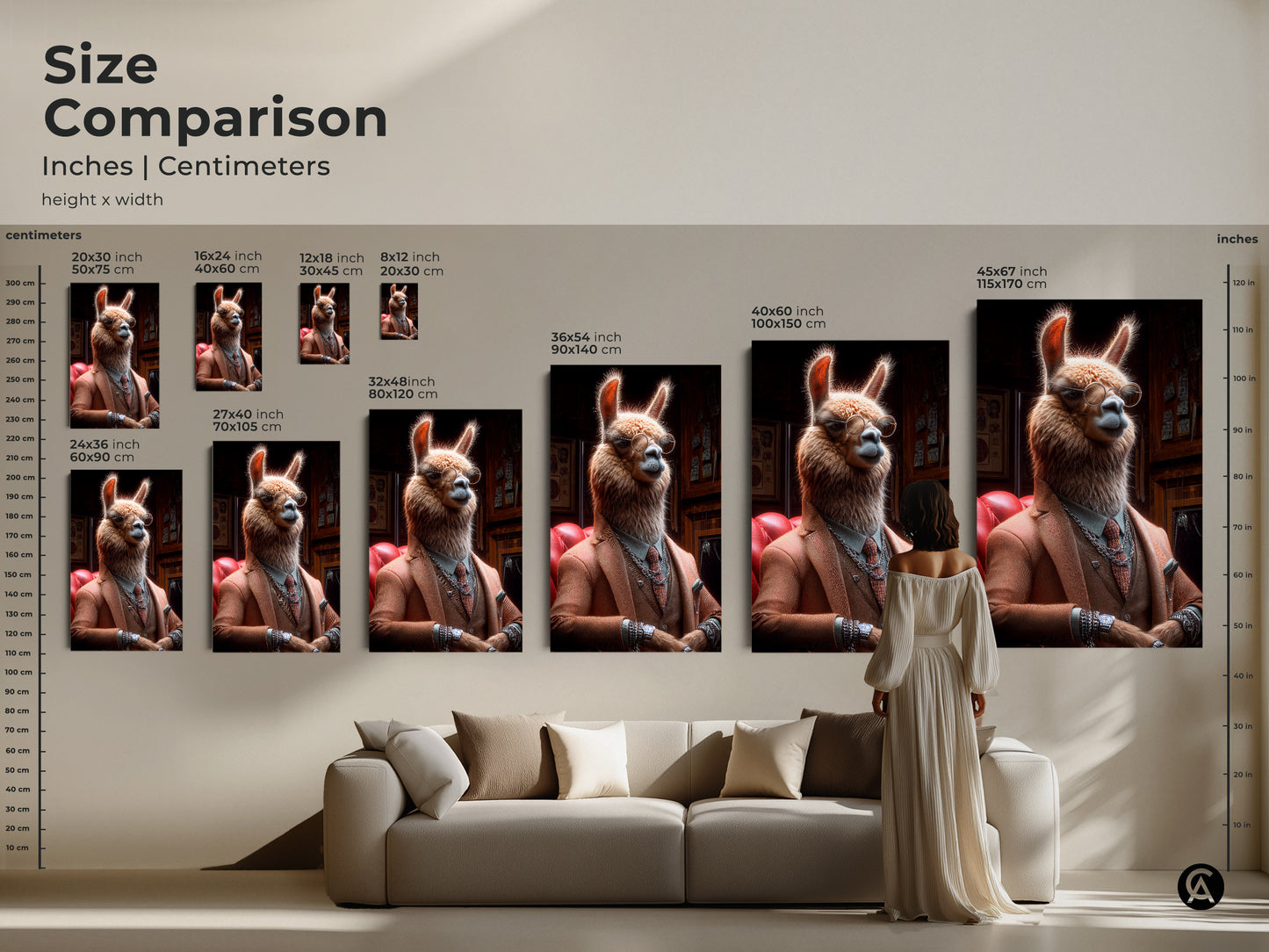 Size comparison of llama artwork in a living room setting. Inches and centimeters shown. Canvas and poster prints. Visualizes art sizes relative to furniture. It helps choose the perfect scale for your animal themed decor.