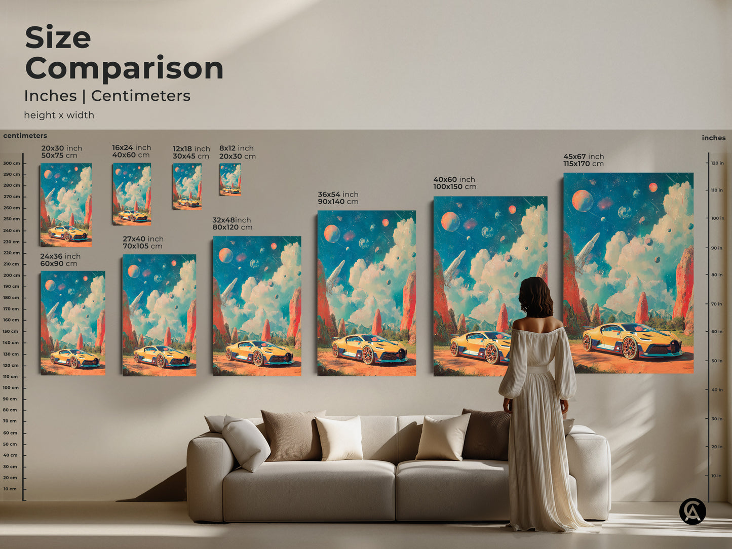 This canvas print displays a yellow sports car in a surreal retro-futuristic space landscape. Ideal for game room decor and office artwork. It makes a unique gift for car enthusiasts. This art piece combines Sci-Fi and Automotive themes with Surrealism.