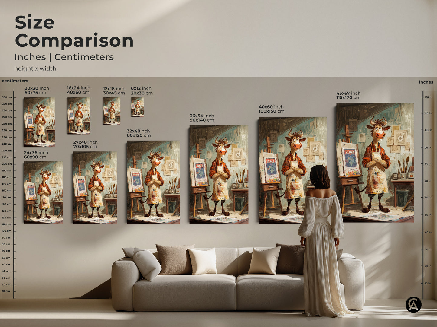 Size comparison of the cartoon cow artist print in inches and centimeters. See how the whimsical cow wall art fits above a sofa. Choose from various sizes for canvas or poster options. Ideal eclectic animal artwork for any living space.