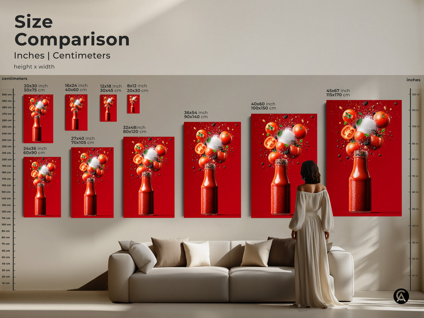 Size comparison for Tomato Ketchup Still Life artwork. See how different sizes look in a living room. Available in canvas and poster prints. Find the perfect fit for your home with our art collection today.