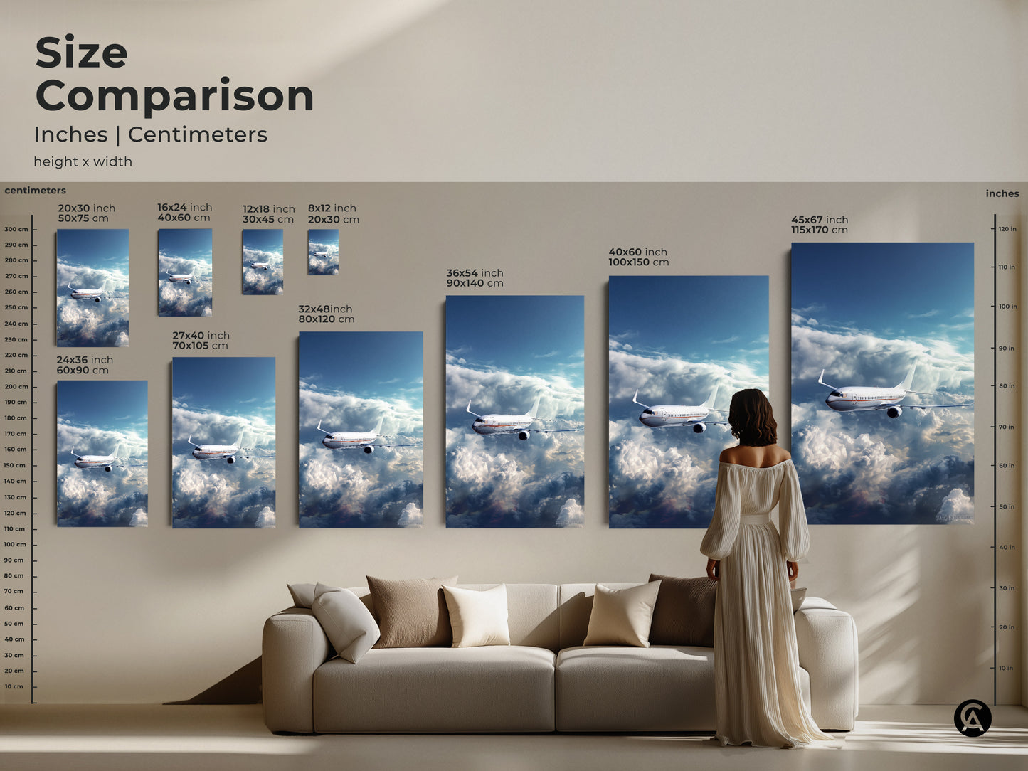 Size comparison of airplane prints in inches and centimeters. This aviation art is shown above a couch for scale. It is a modern sky blue airplane print. Ideal travel themed office gift wall art.