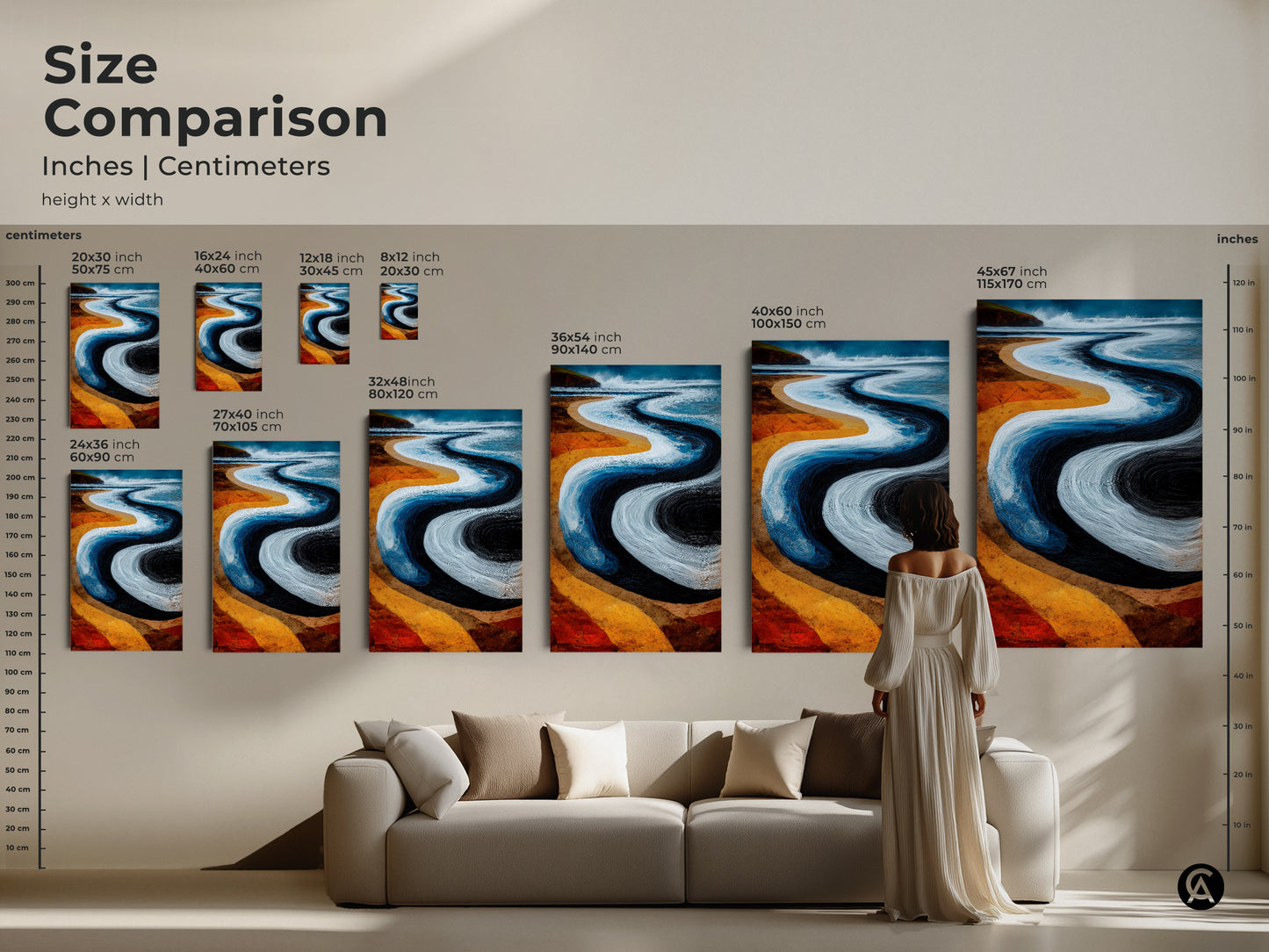Size comparison for abstract beach canvas art. Inches and centimeters shown. Displayed above a sofa for scale. This artwork is perfect for coastal living rooms. Add a touch of boho with blue and orange.