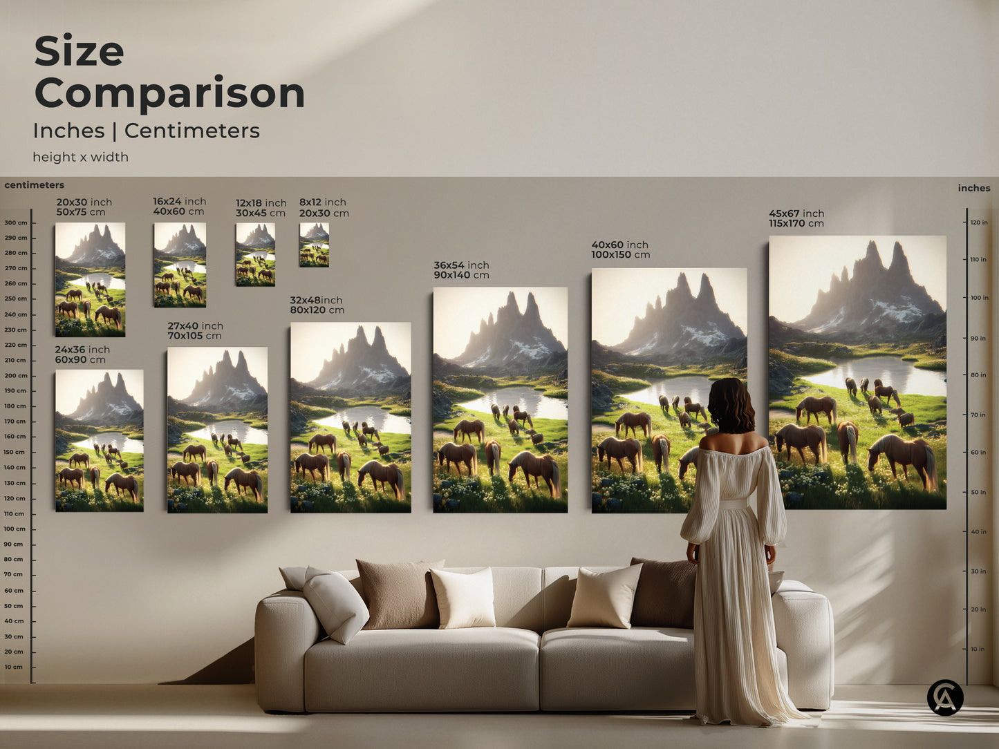Size comparison of horse art prints in inches and centimeters. Sizes range from 20x30 cm to 45x67 inches. See how this rustic mountain landscape wall art fits above a sofa. Perfect animal scenic artwork for countryside wall hanging.