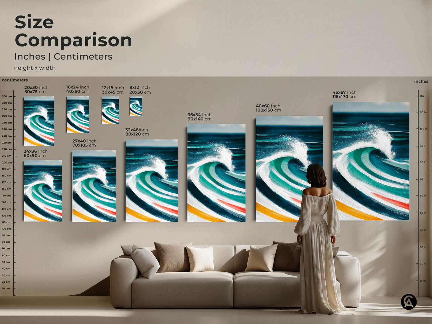 Compare sizes of abstract ocean wave prints in inches and centimeters. Visualize how this modern art fits above a sofa. This canvas artwork in deep blue teal and turquoise enhances any living space with a coastal aesthetic. The wall decor is perfect for creating a serene ambiance.