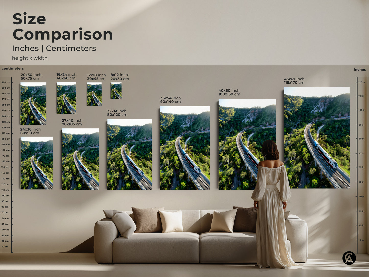 Compare sizes of this captivating aerial train artwork. See how the green mountain landscape art fits in various spaces. From a cozy living room to a modern office these canvas prints enhance any wall. Choose the perfect size to complement your home decor. Transform your space with this scenic train route art.