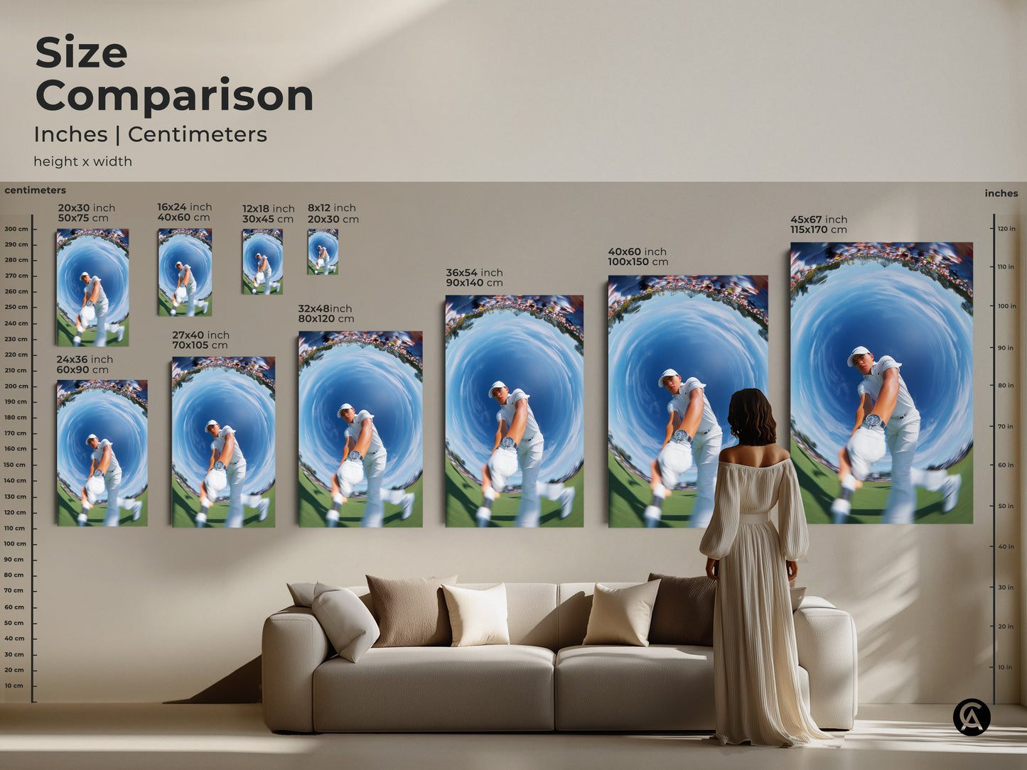 Size comparison of golf artwork in inches and centimeters. See how different sizes fit in your space. Perfect art for any room. Canvas and poster options available. Decorate your home with unique sports art. Shop now and transform your space.