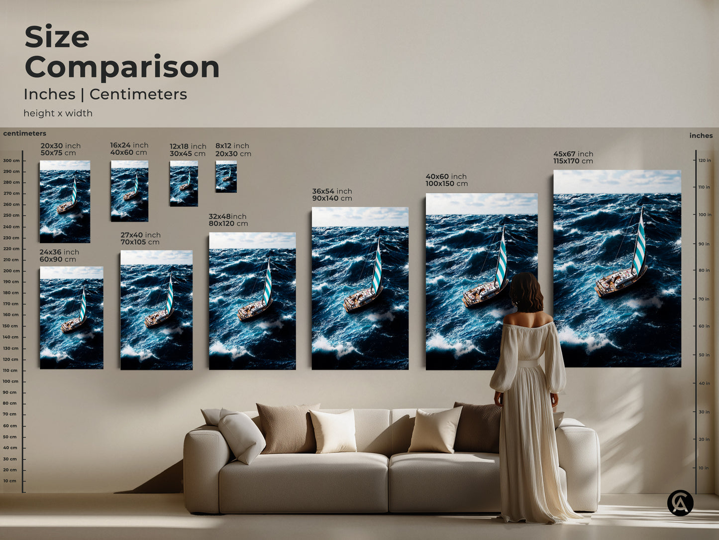 Size comparison of nautical sailboat canvas art. Various sizes displayed above a modern sofa. The artwork features deep blue ocean waves. Perfect for adding a coastal touch to your living room. Great art for mariners and coastal home decor