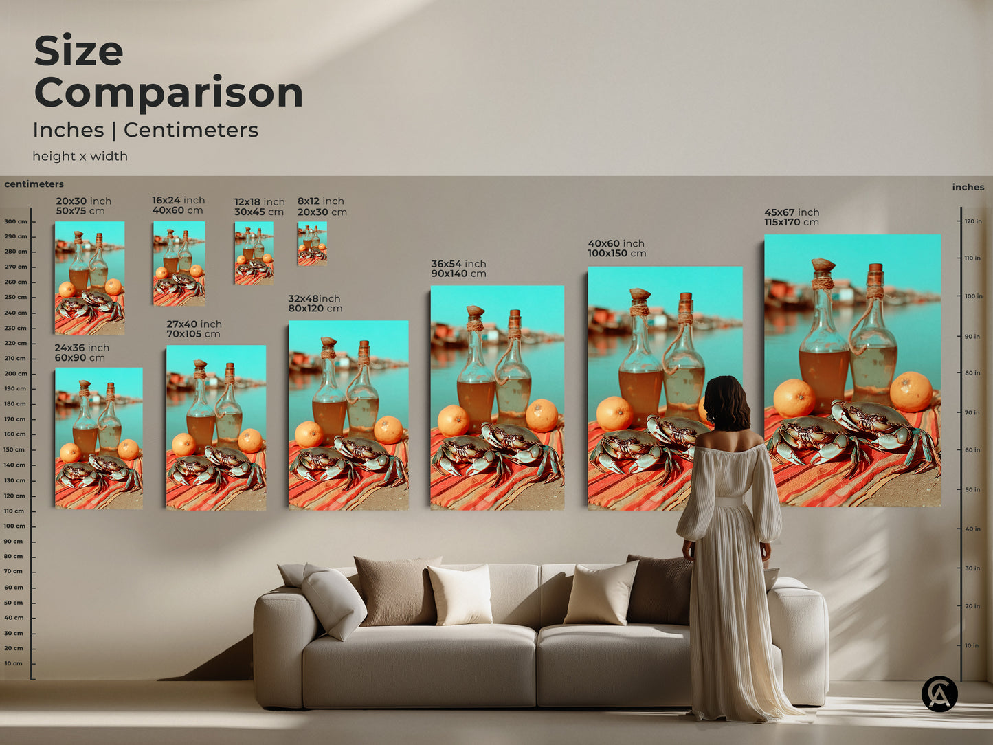 Size comparison inches and centimeters of crab lemon artwork. Choose from 16x24 to 45x67 inch canvas or poster prints. Boho kitchen wall decor and foodie gifts in various sizes. Vibrant orange red turquoise colors bring coastal charm. Find the perfect size for your space.