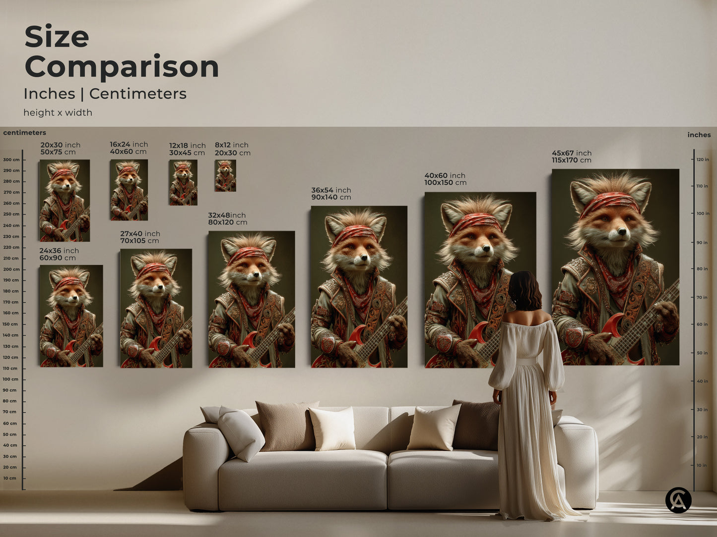 Compare sizes of the cool fox rockstar art print in inches and centimeters. See how the canvas and poster prints look in various dimensions fitting perfectly above your sofa. This eclectic wall art is an ideal musician gift and adds a rock and roll vibe to any modern home decor.