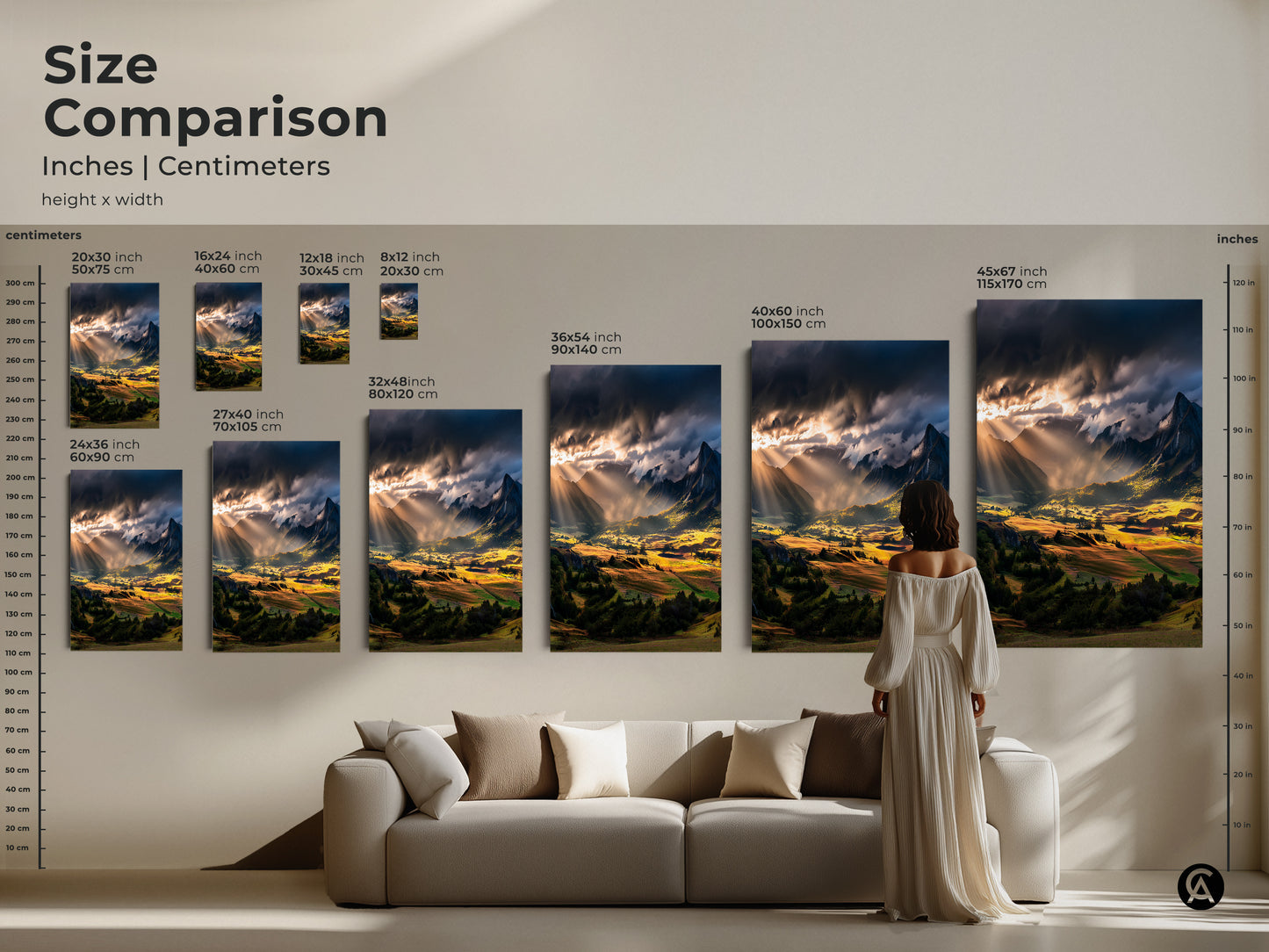 Size comparison of sunbeam mountain landscape prints. See how the canvas art looks in different sizes on a living room wall. From 8x12 to 45x67 inches. Rustic nature wall art to enhance your home decor. A great gift for hikers and outdoor enthusiasts.
