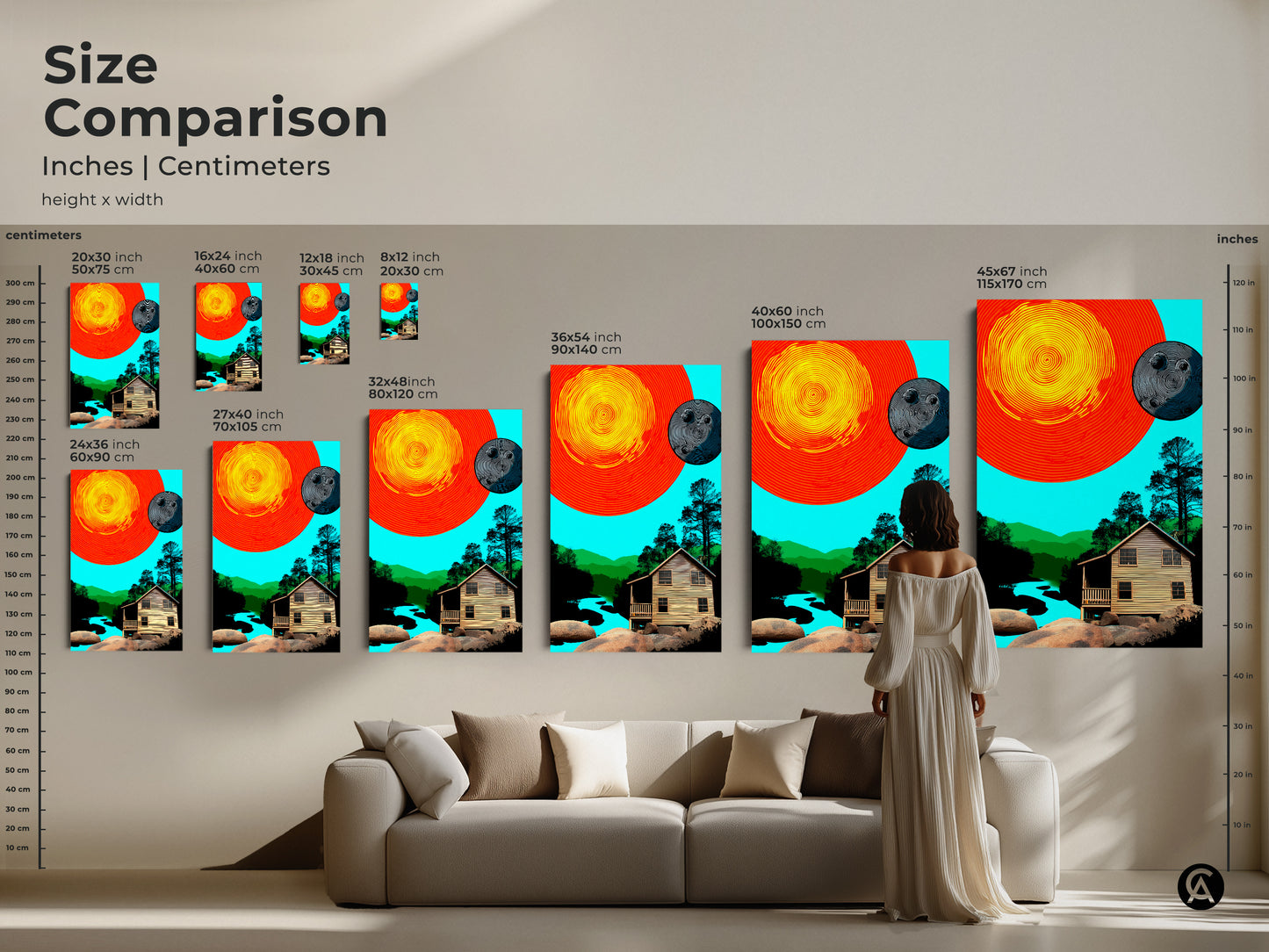 Size comparison of abstract cabin landscape art prints. See how the retro sun and moon art scales in various sizes on a wall above a sofa. Sizes are available for poster and canvas prints. The orange yellow and teal colors provide eclectic home accent.