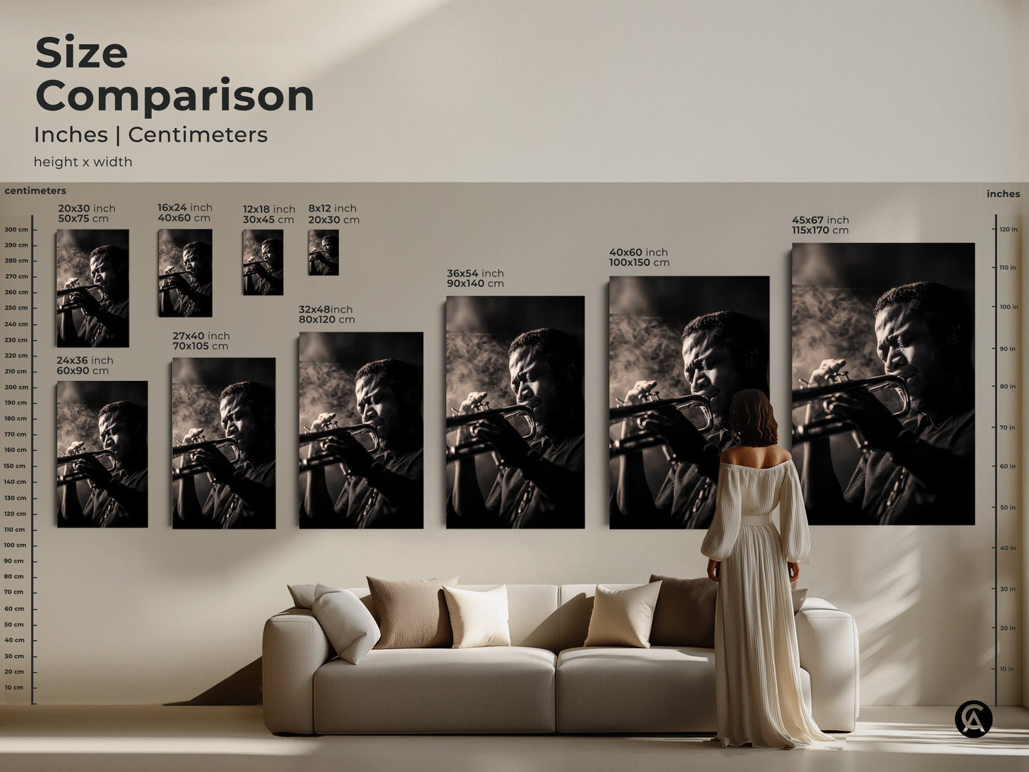Size comparison of musician artwork in inches and centimeters. Visualize how each size fits above a sofa. Options range from small to large. Perfect for any room. Select the right artwork to enhance your home decor. Transform your space!