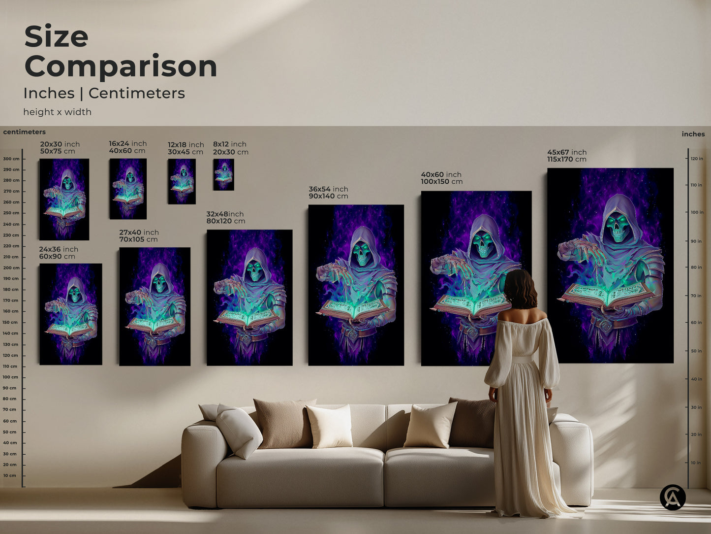 Compare sizes with this dark fantasy art size comparison. See the Grim Reaper with spellbook art in inches and centimeters. The emerald purple digital art enhances any room. It's the perfect gothic occult wall decor.