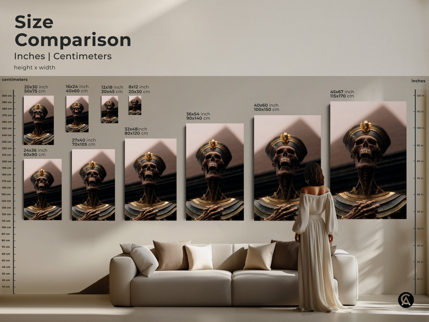 Size comparison guide for pharaoh skeleton art. View the artwork from 16x24 to 45x67 inches. See how each canvas and poster print fits above a sofa. Ideal for decorating living rooms studies and man caves. Choose the perfect scale for your ancient Egypt themed art.