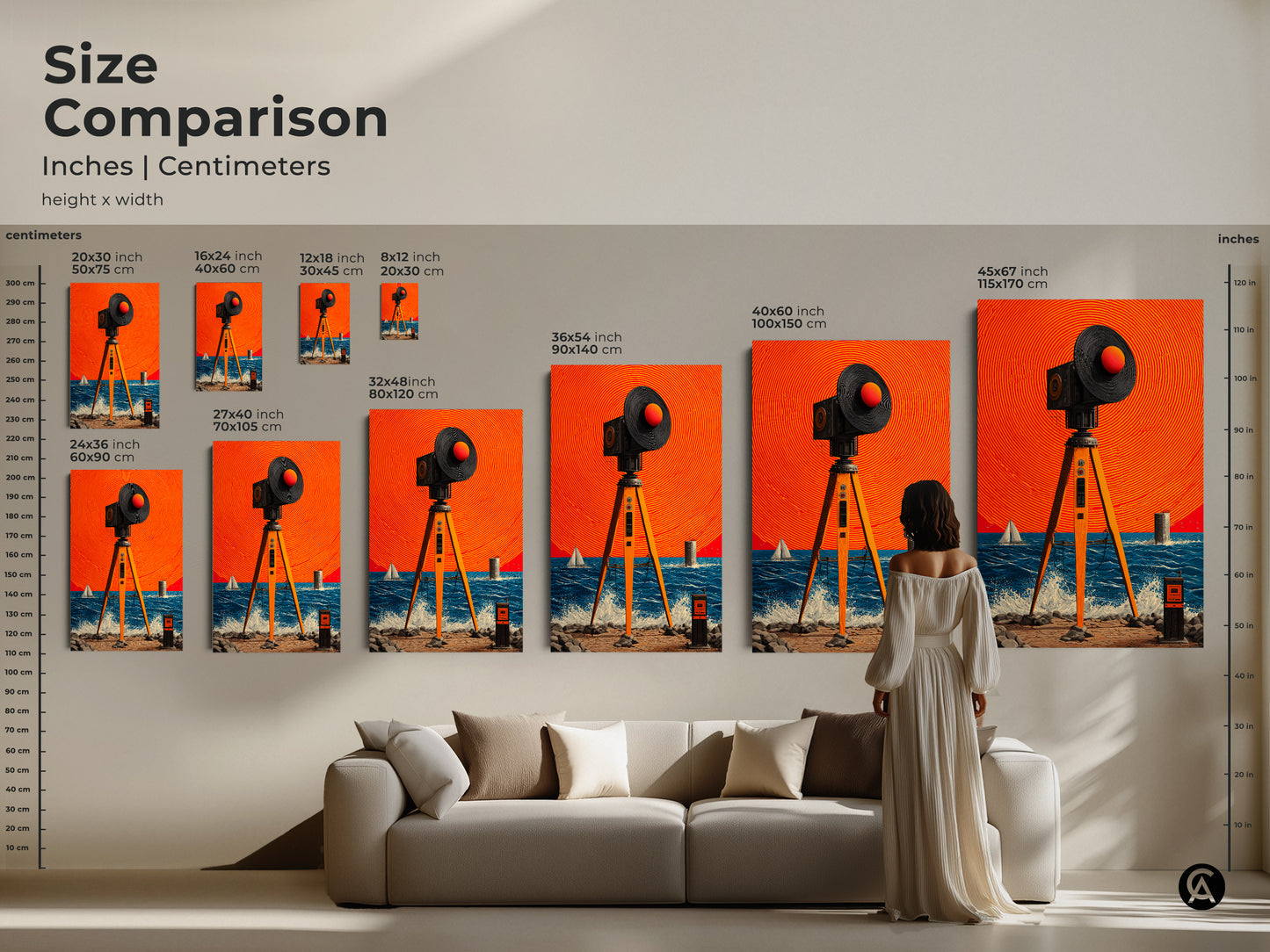 See a size comparison in inches and centimeters. The heights and widths shown with canvas and poster options. Featuring a woman standing in front of a surreal seascape. The artwork includes surveying equipment. Its perfect for modern office artwork.