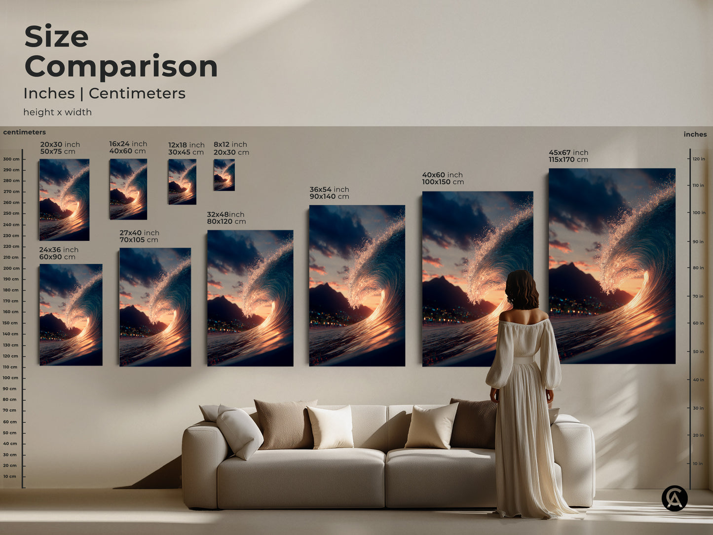Size comparison of ocean wave art prints. See how different sizes look in a living room setting. Choose from various sizes to fit your space. Find the perfect wave art to enhance your home decor. Shop now.