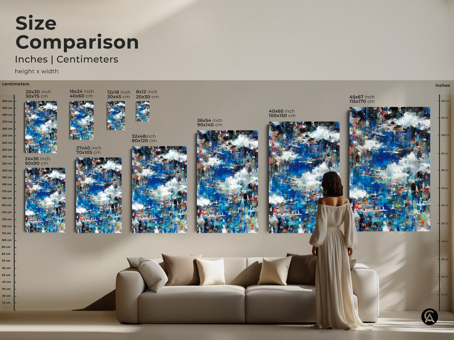 Size comparison of abstract artwork in inches and centimeters. Visualize the art in various sizes. Perfect for any room. Canvas and poster options are available. Shop now to transform your space with this modern art piece. Find the perfect size for your home.