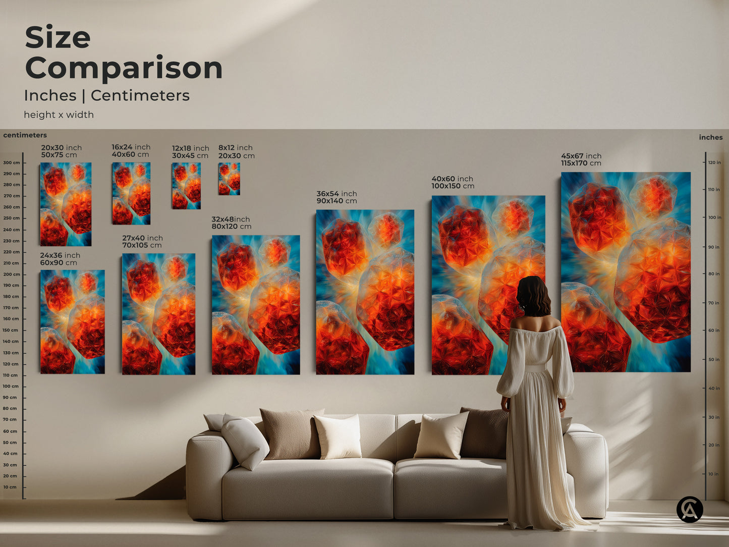 A size comparison showcases abstract geometric canvas art in various dimensions. This teal blue and orange wall art brings modern style. See how the sizes fit above a sofa. It makes a great focal point. Perfect modern office decor art or a housewarming gift for art lovers. Explore the colorful geometric decor.
