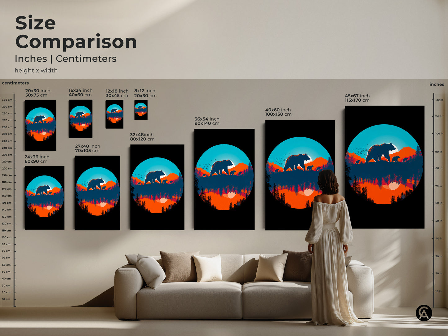Size comparison of bear family silhouette artwork. This retro nature landscape canvas adds a touch of wildlife silhouette to any room. See how this sunset mountain reflection art fits perfectly above your couch