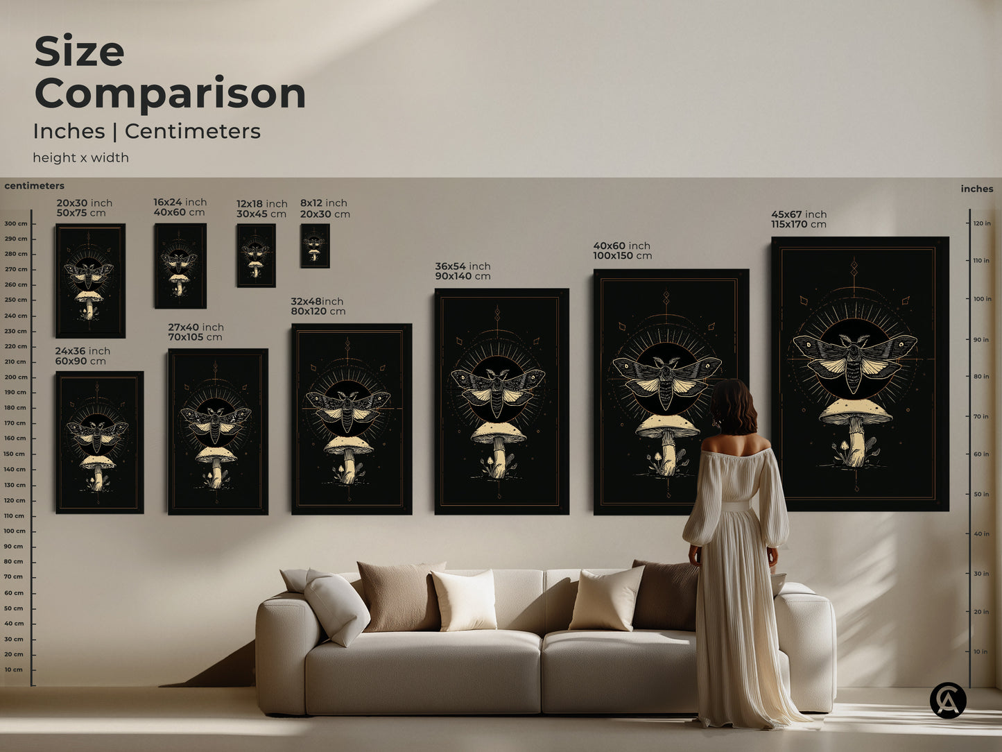 Size comparison of moth and mushroom artwork in inches and centimeters. Various sizes are available to fit any space. See how the Gothic celestial wall art looks above a sofa. Perfect dark academia botanical insect decor for your home.