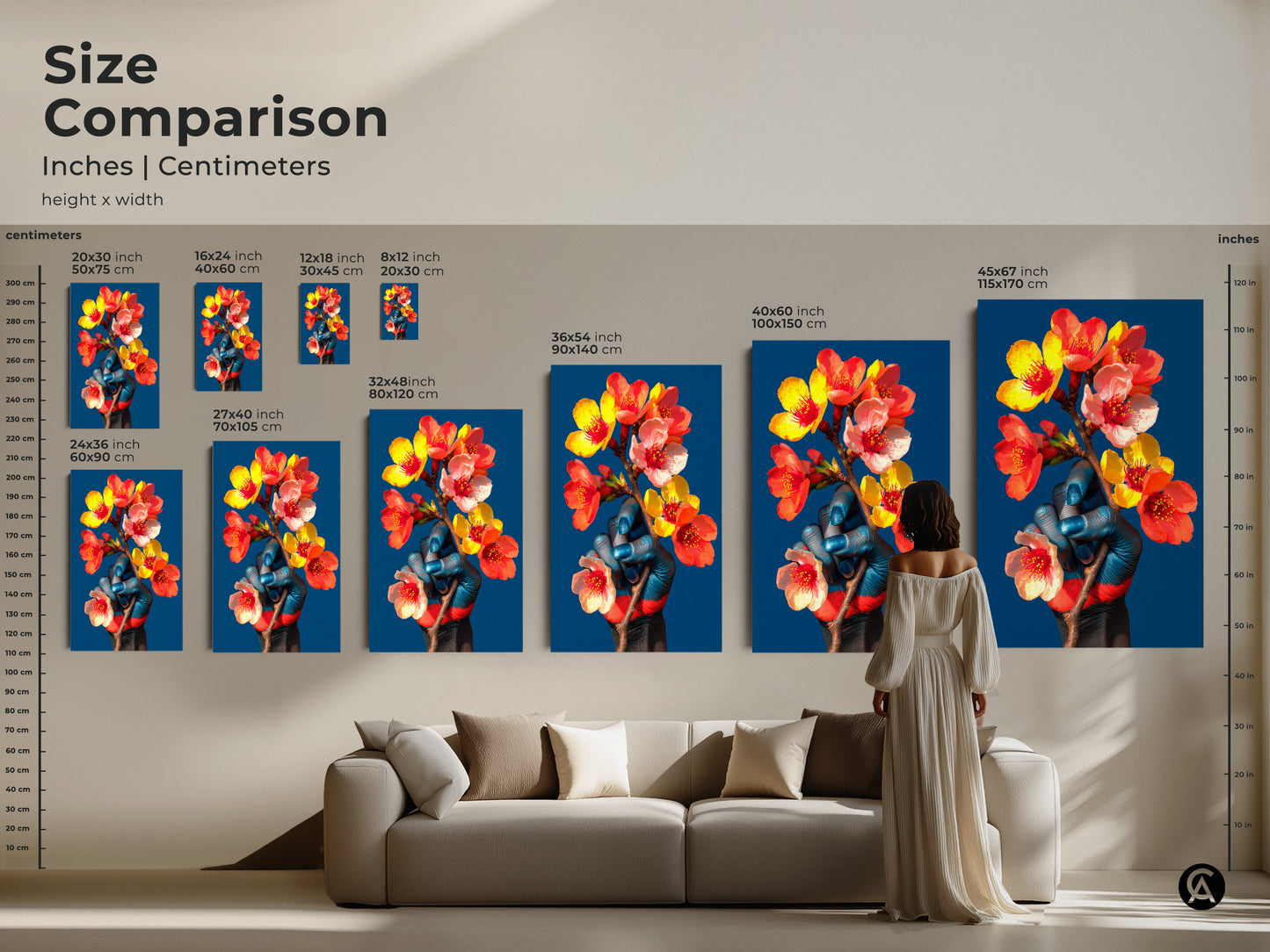 Size comparison of eclectic wall art featuring a blue hand holding orange red flowers. Visualize how different sizes of this botanical surrealism artwork fit above a sofa. Available as canvas or poster print.