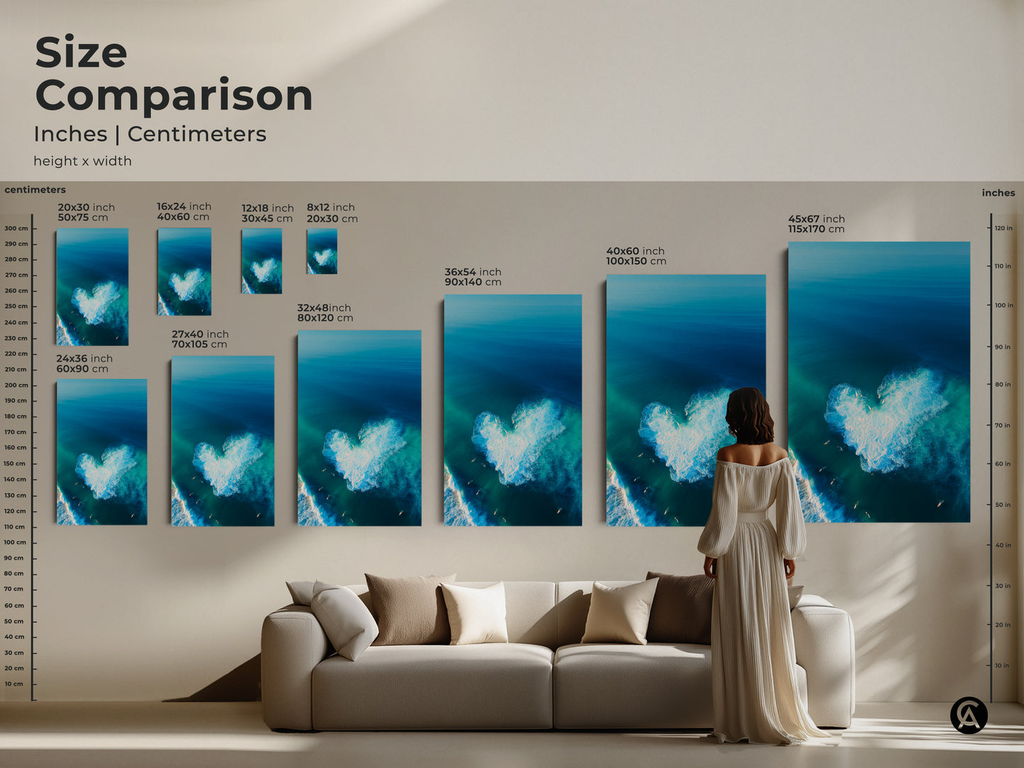 Compare sizes of ocean art featuring a heart-shaped wave. The wave is surrounded by surfers. Visualize the artwork in various dimensions. From small prints to large statement pieces. Find the ideal size for your home decor. The art will bring the ocean indoors.