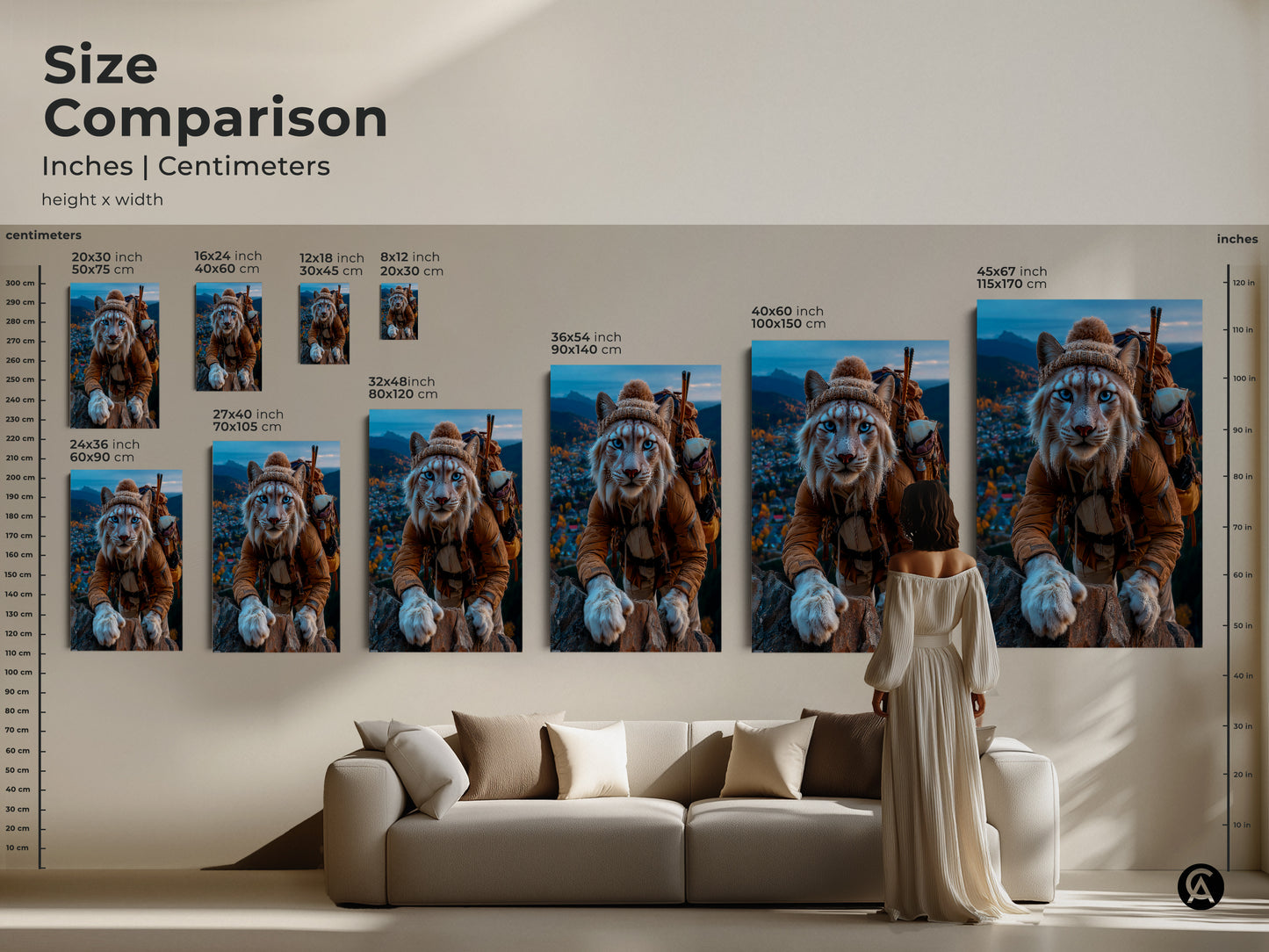 Size comparison for Lynx Mountain explorer art. Sizes include 8x12 inch to 45x67 inch prints. This helps you decide which size you want for your home decor. Find the perfect fit for your mountain explorer cat print. Available in canvas or poster print.
