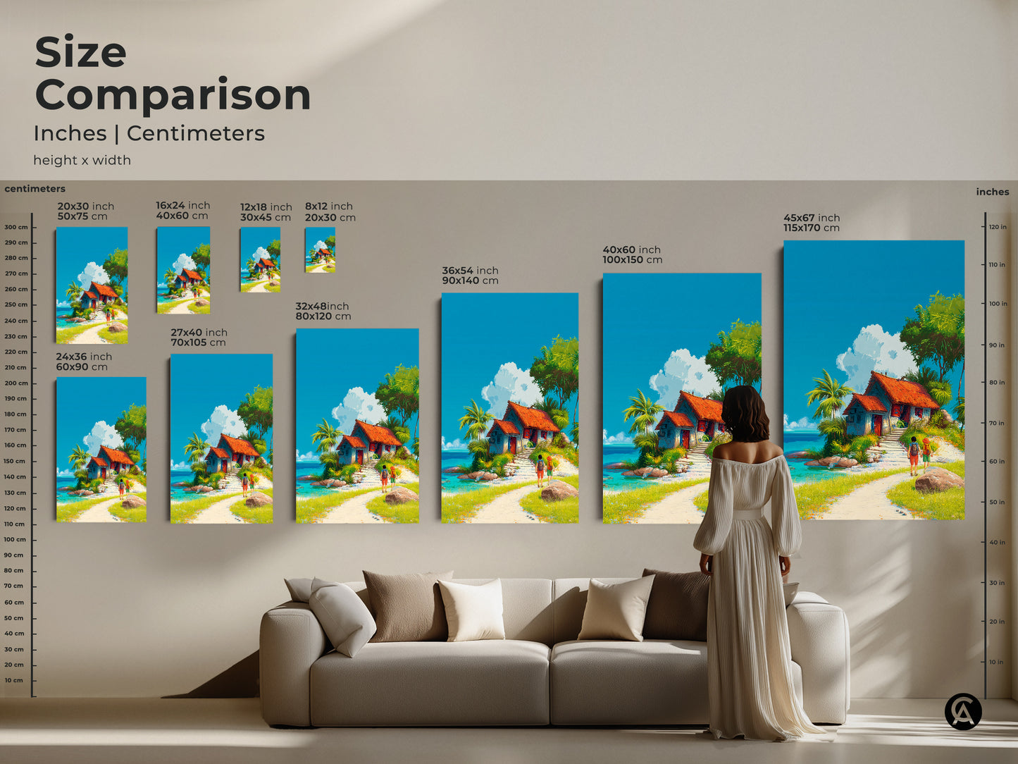 Size comparison of tropical island artwork. This artwork comes in various sizes to fit your needs. See how the art looks above a couch. Choose from canvas or poster prints. Find the perfect size to elevate your home decor today.