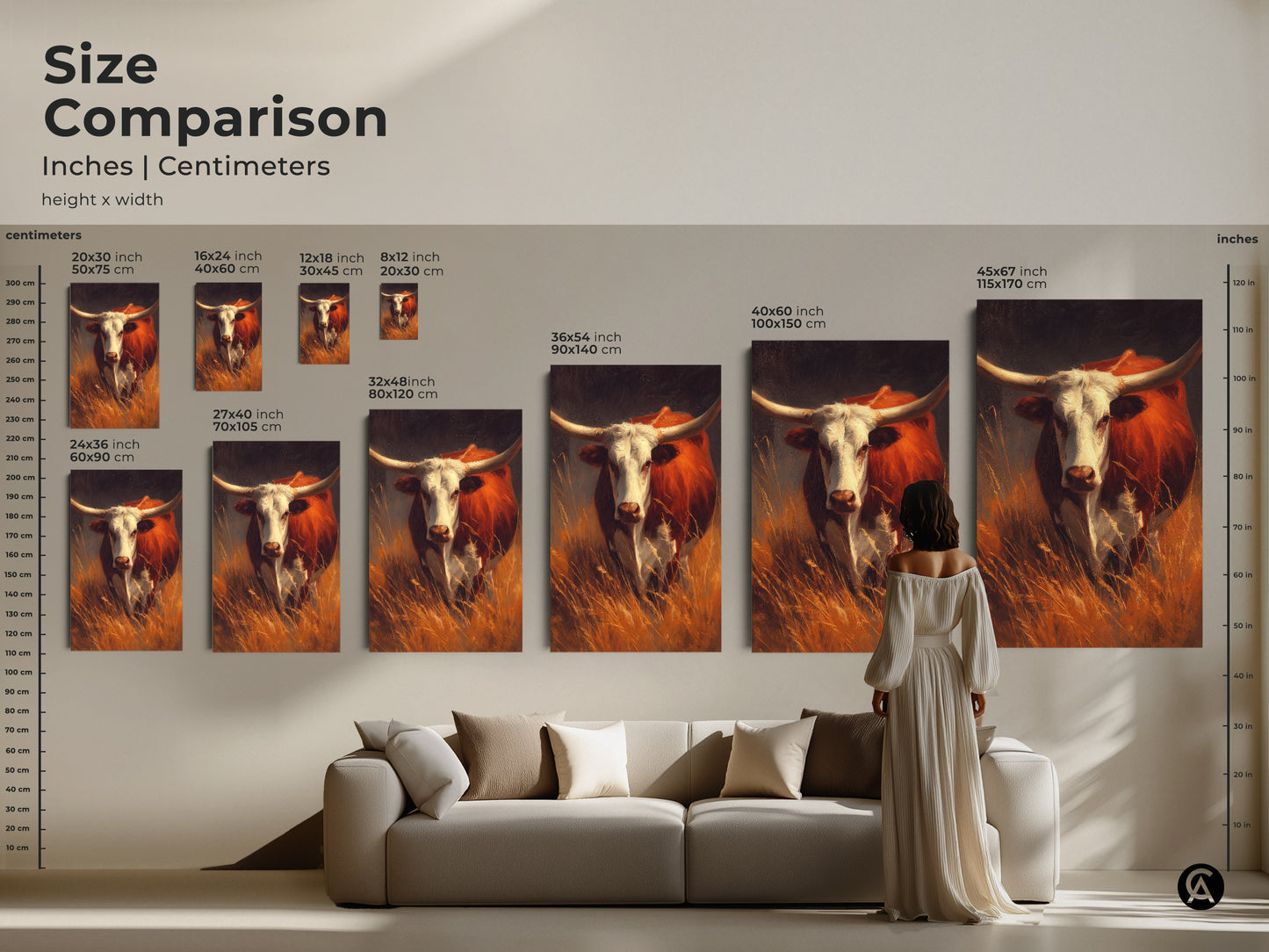 Size comparison of longhorn bull art prints. See the art in various sizes on a wall. Visualize how each size fits in a living room. Find the perfect artwork for your home.