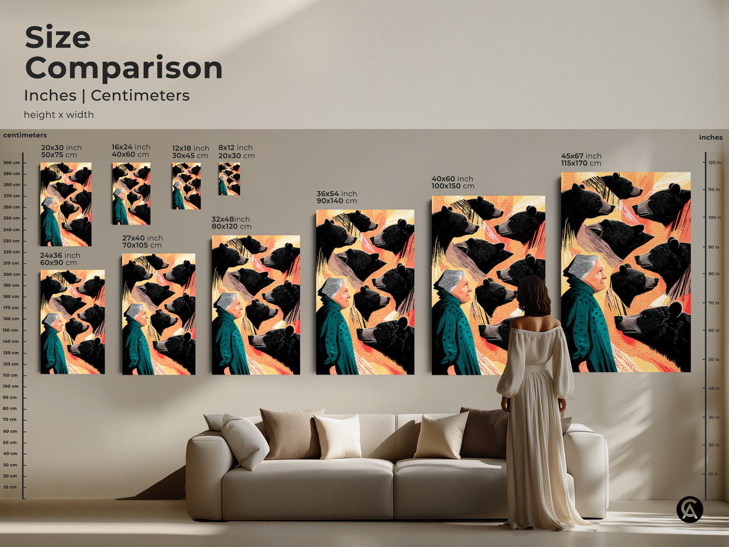 The size comparison shows the inches and centimeters of woman and bear art print. The eclectic animal wall art is behind a modern sofa. Various sizes of canvas and poster options are presented for different rooms.