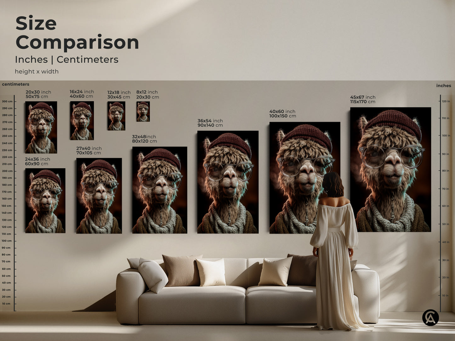 Size comparison of the Alpaca artwork in various dimensions. See how the art fits above a sofa. It comes in multiple sizes and formats. Envision it as a focal point in your living room or office space.