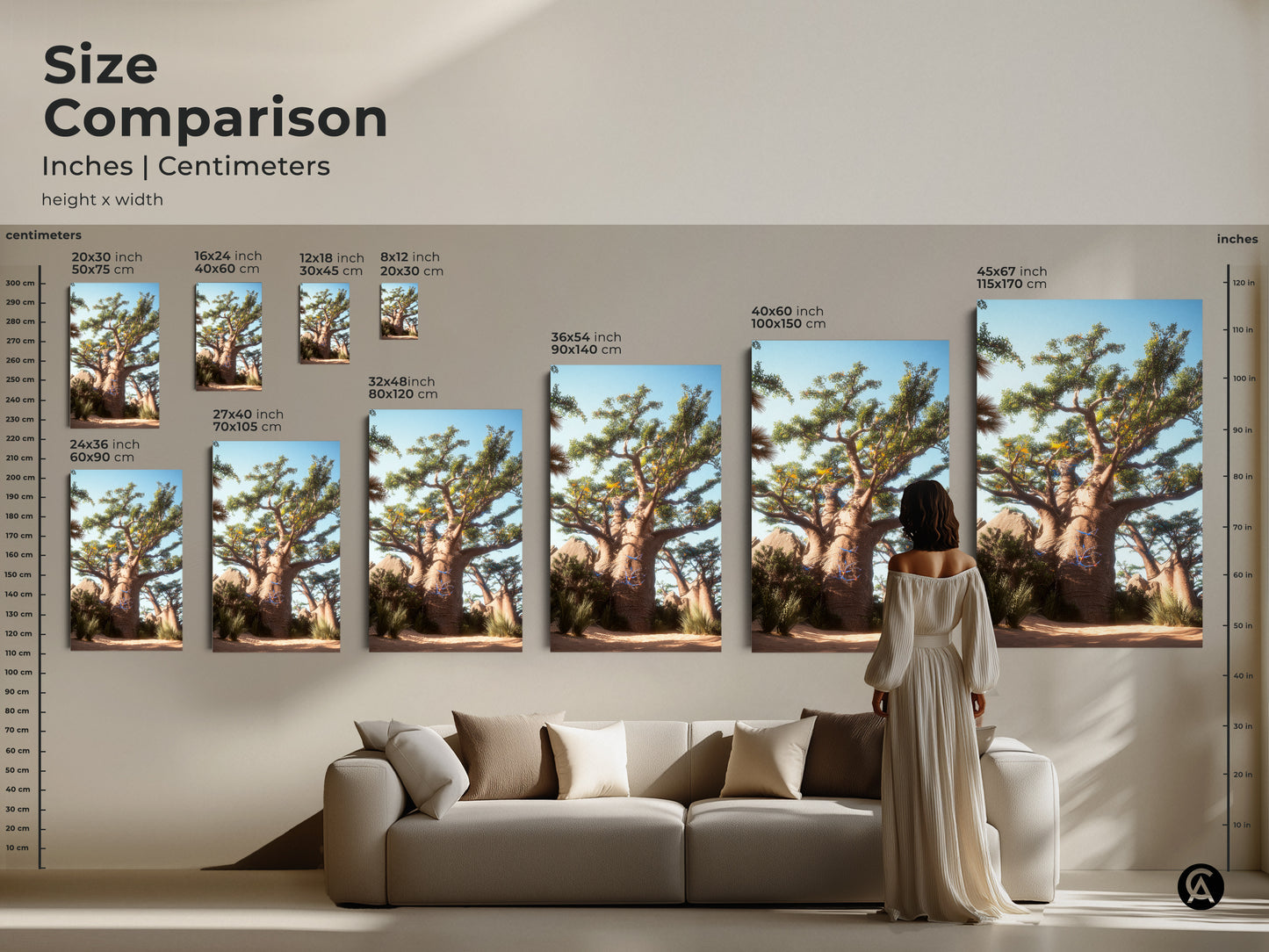 Size Comparison of Baobab Tree Wall Art in inches and centimeters. See how the Desert Landscape Canvas Print fits above a couch. Available in various sizes for canvas and poster. Ideal green brown blue artwork.