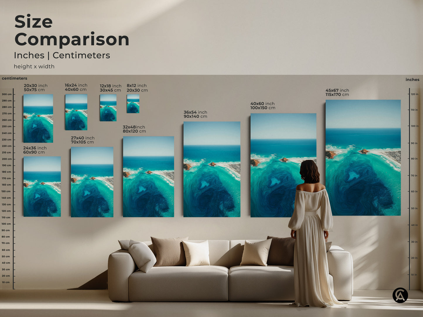 Size comparison of abstract ocean art in inches and centimeters. This artwork is displayed above a couch for scale. Visualize the impact of this coastal art in your home with various sizes.