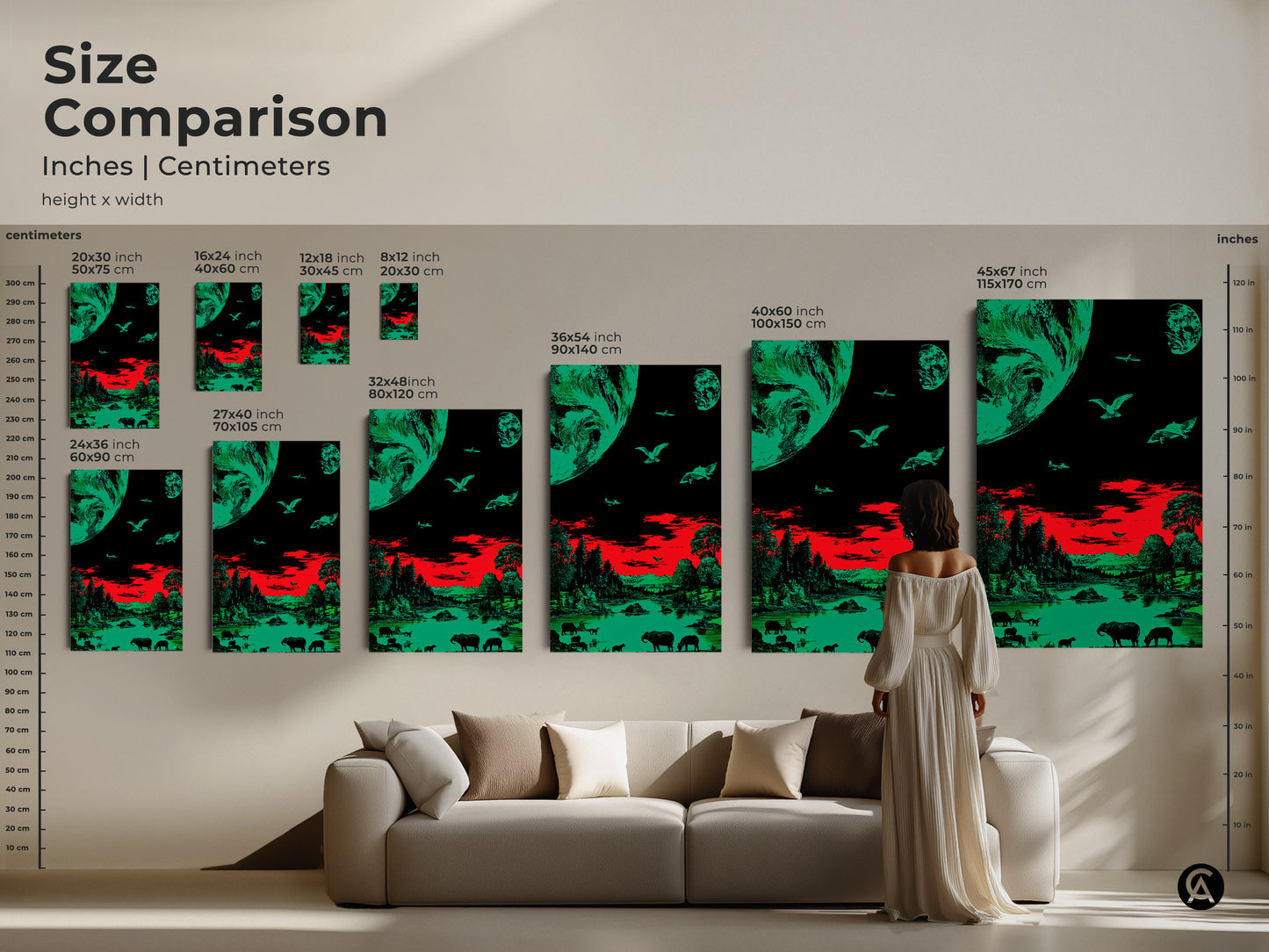 Size comparison of surreal emerald green and red art prints. See how different sizes fit above a couch. The retro sci-fi wildlife artwork is available in various dimensions. It enhances any living room or office space. It offers abstract earth view.