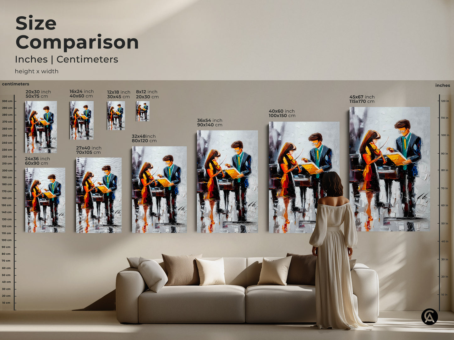 Size comparison of the violin and piano art. View the artwork in different sizes on a living room wall. Choose the perfect scale for your teal blue orange music canvas.