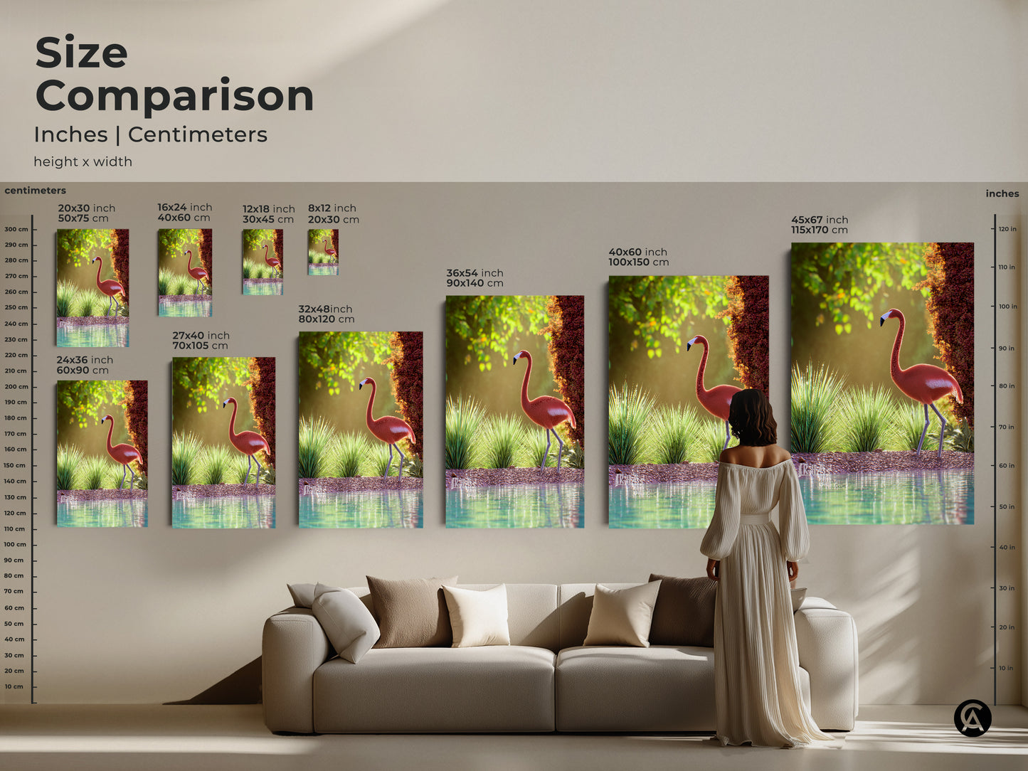 Size comparison of coastal flamingo wall art in inches and centimeters. See how different sizes fit above a sofa. This wildlife artwork features a pink bird in a serene natural setting. The nature photography print adds coastal charm to any room. Find the perfect size for your space.