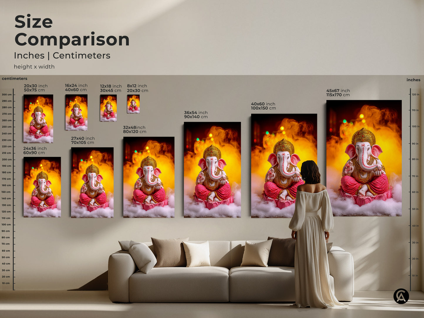 Size comparison of Pink Gold Ganesha artwork in inches and centimeters. See how the spiritual lotus art fits above a sofa. This Hindu mythology canvas is perfect for any living room. The eclectic wall art enhances your home decor. Visualize the Ganesha print in your space.