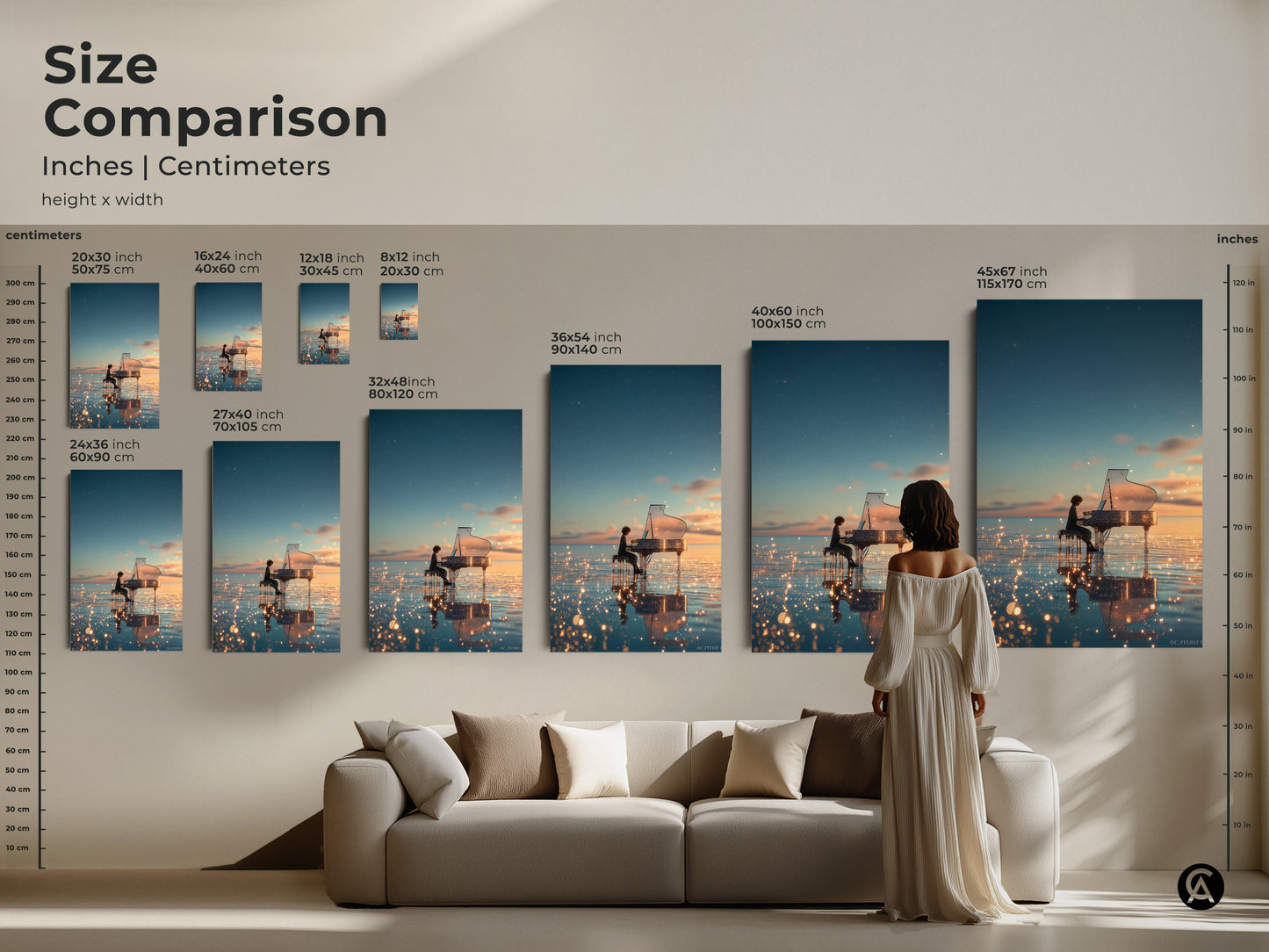 This size comparison displays the piano artwork in various dimensions. Inches and centimeters are shown. From small to extra-large canvas and poster prints are displayed in a living room setting.