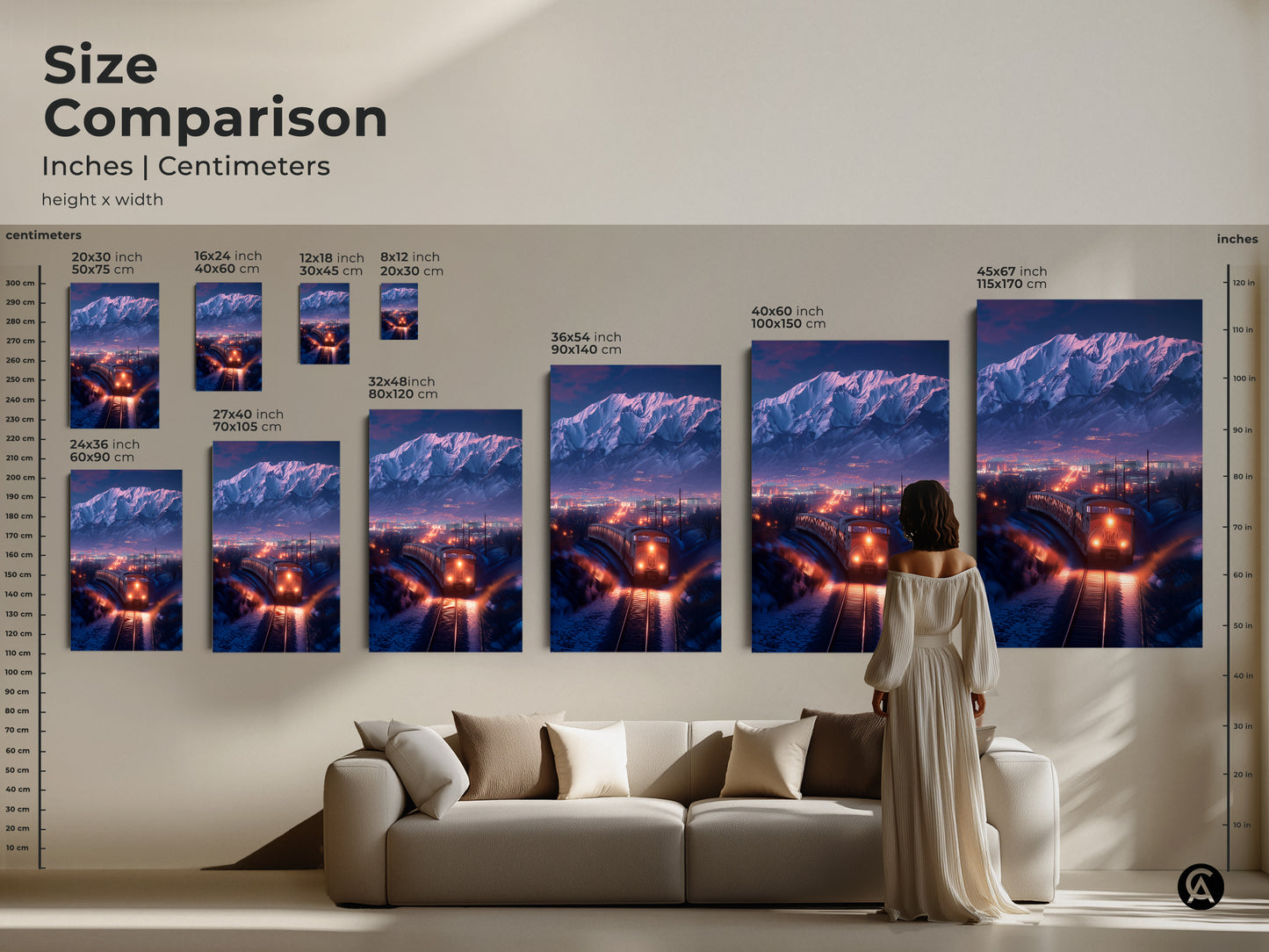 Size comparison Inches and Centimeters. Showcase art with winter train landscape artwork in different sizes. Choose the perfect scale for your space from 20x30 to 45x67 inches. A mountain cityscape artwork suits any living room. Find your ideal travel-themed decor.