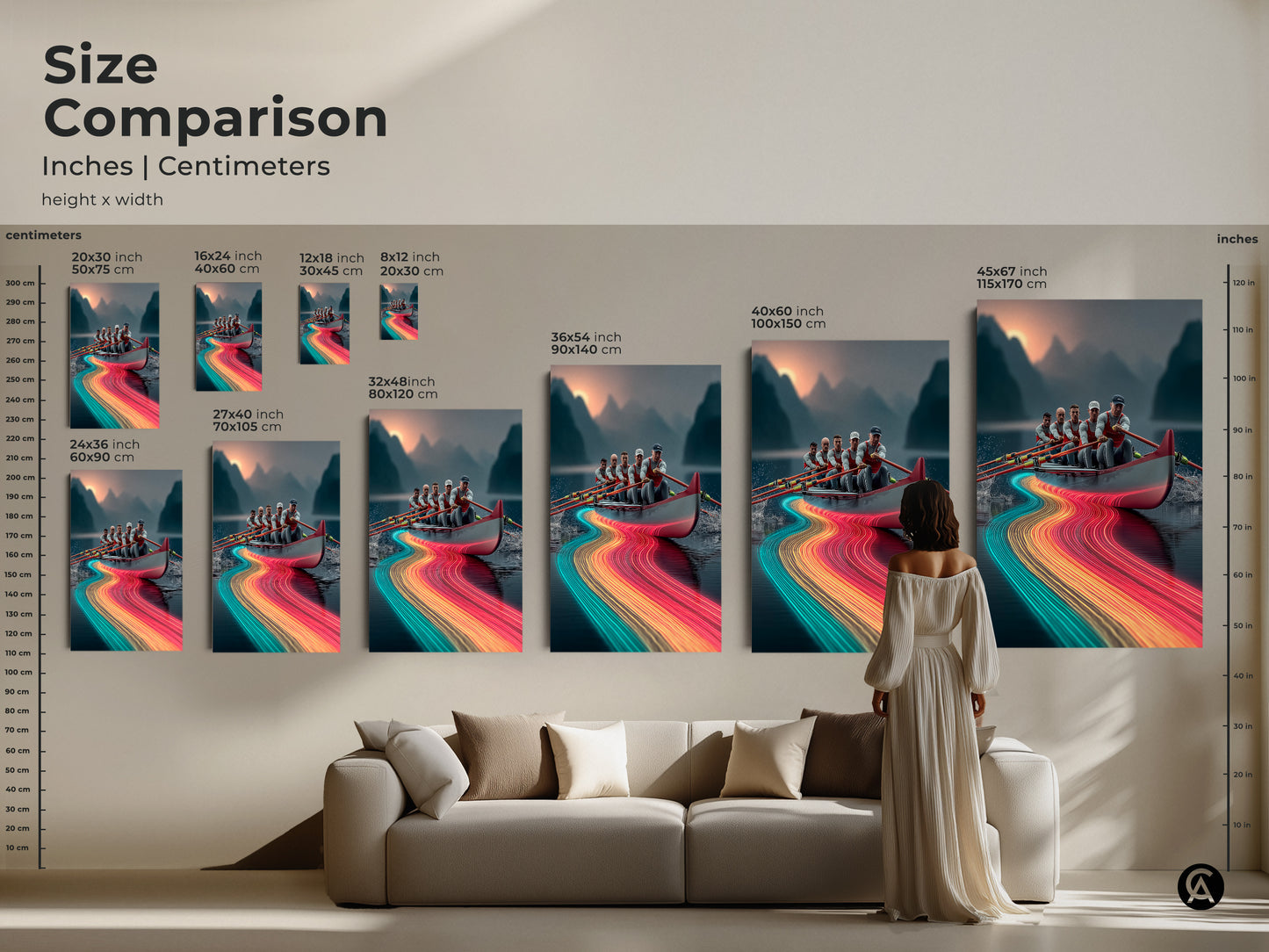 A size comparison shows various dimensions. Inches and centimeters are shown for height and width. A woman stands next to a couch to provide scale. See our modern abstract painting in different sizes.